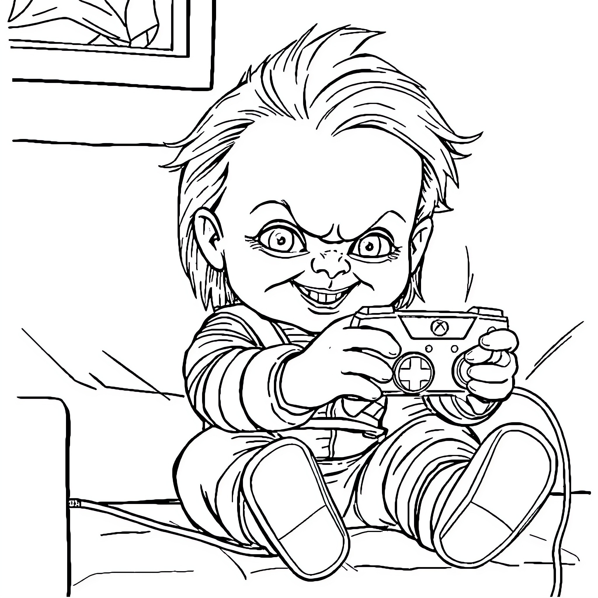 Chucky the creepy doll playing video games Coloring Page (free black-and-white line drawing printable PDF for all, from beginners to advanced learners, including children, teens, adults, and seniors)