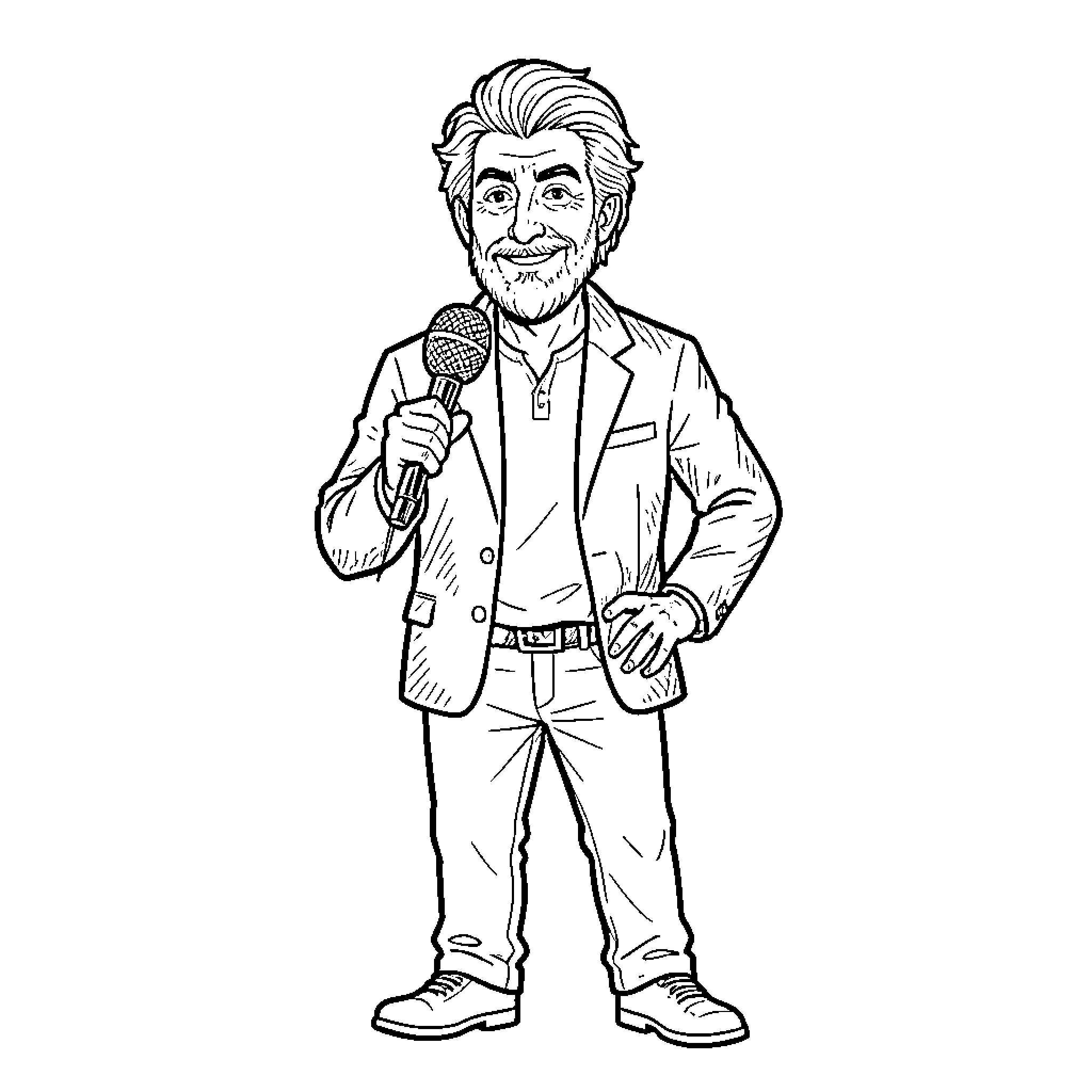 Ali G smiling while holding a microphone Coloring Page (free black-and-white line drawing printable PDF for all, from beginners to advanced learners, including children, teens, adults, and seniors)
