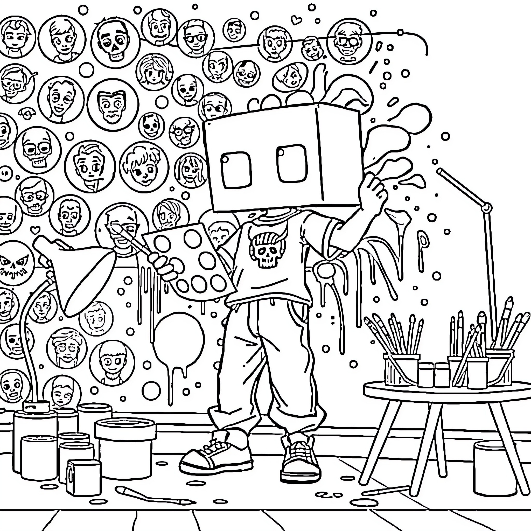 Character creating art in a colorful studio Coloring Page (free black-and-white line drawing printable PDF for all, from beginners to advanced learners, including children, teens, adults, and seniors)