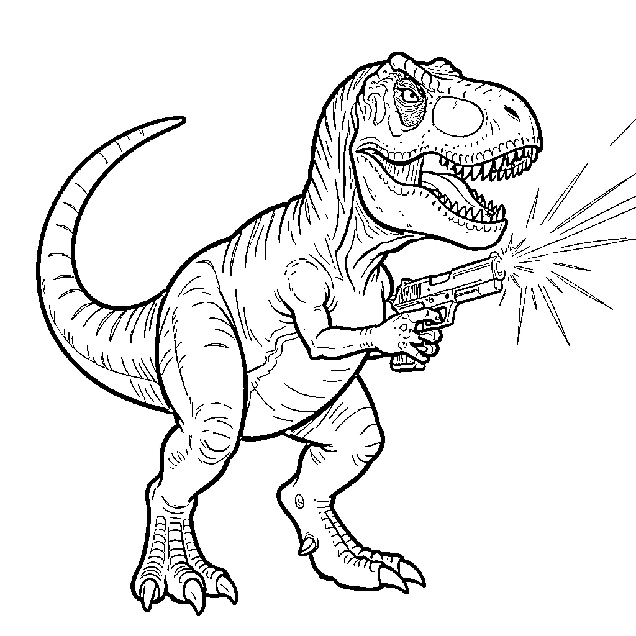 T-Rex wielding a gun and roaring Coloring Page (free black-and-white line drawing printable PDF for all, from beginners to advanced learners, including children, teens, adults, and seniors)