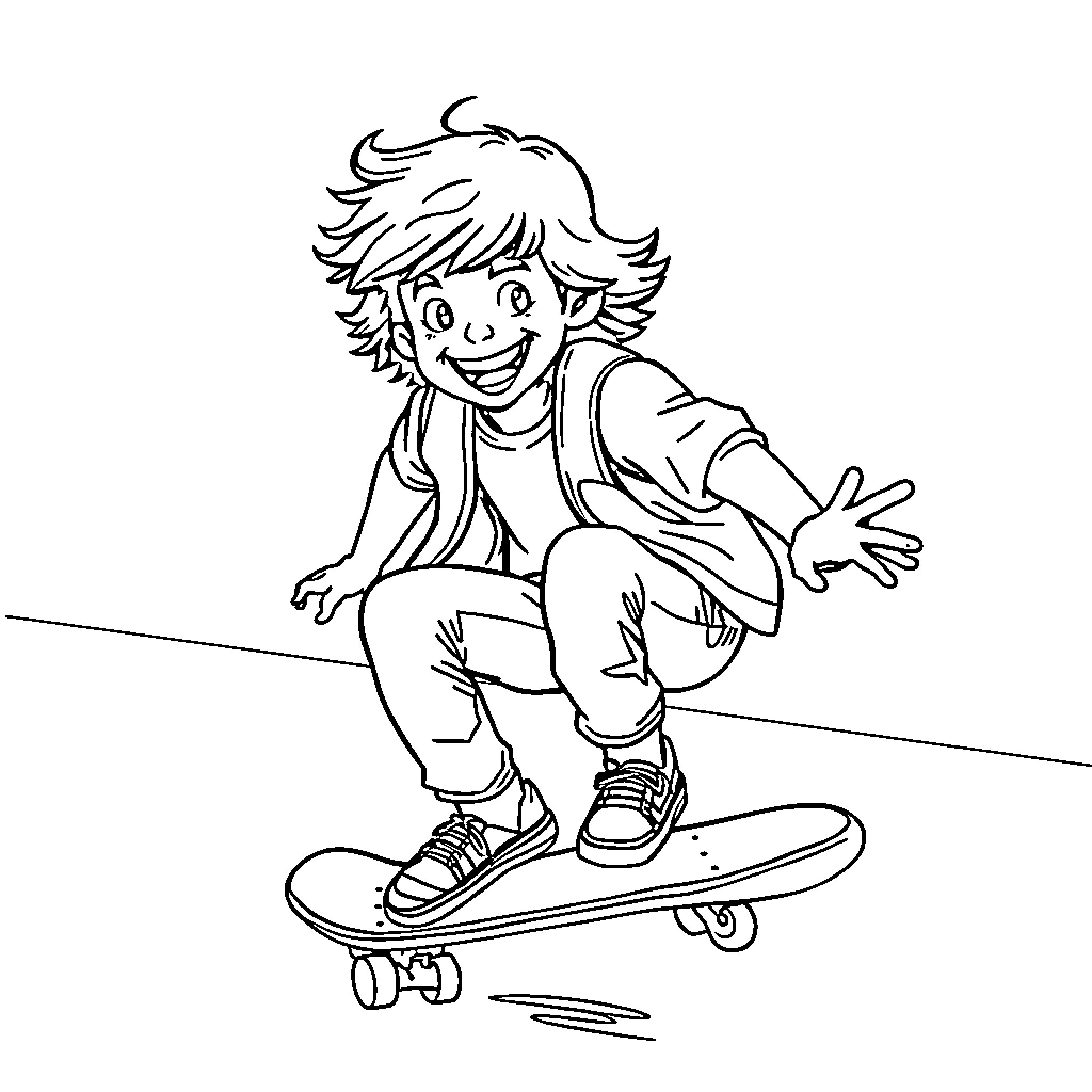 Dustin riding a skateboard with excitement Coloring Page (free black-and-white line drawing printable PDF for all, from beginners to advanced learners, including children, teens, adults, and seniors)