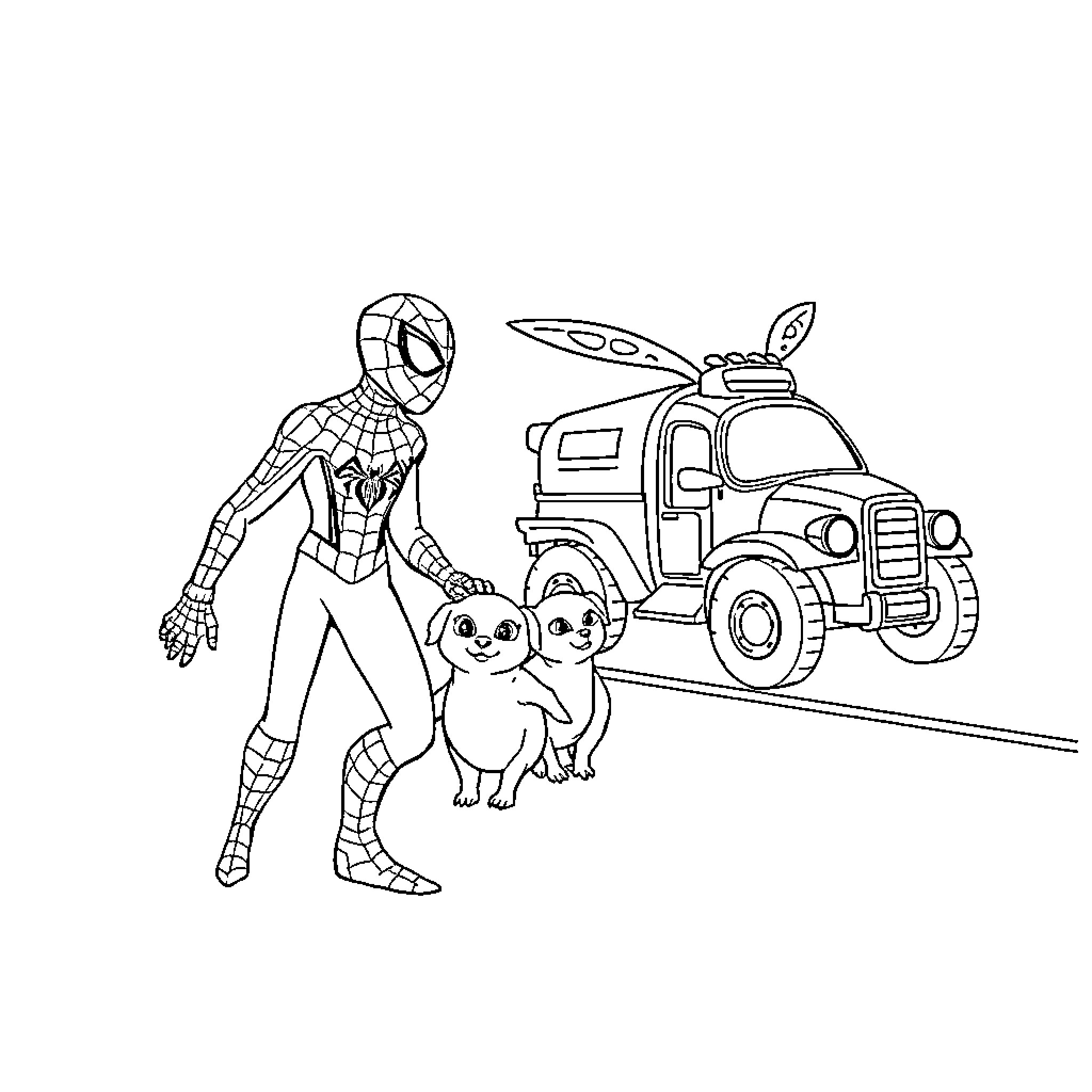 Spiderman saving the day with his furry sidekick Coloring Page (free black-and-white line drawing printable PDF for all, from beginners to advanced learners, including children, teens, adults, and seniors)