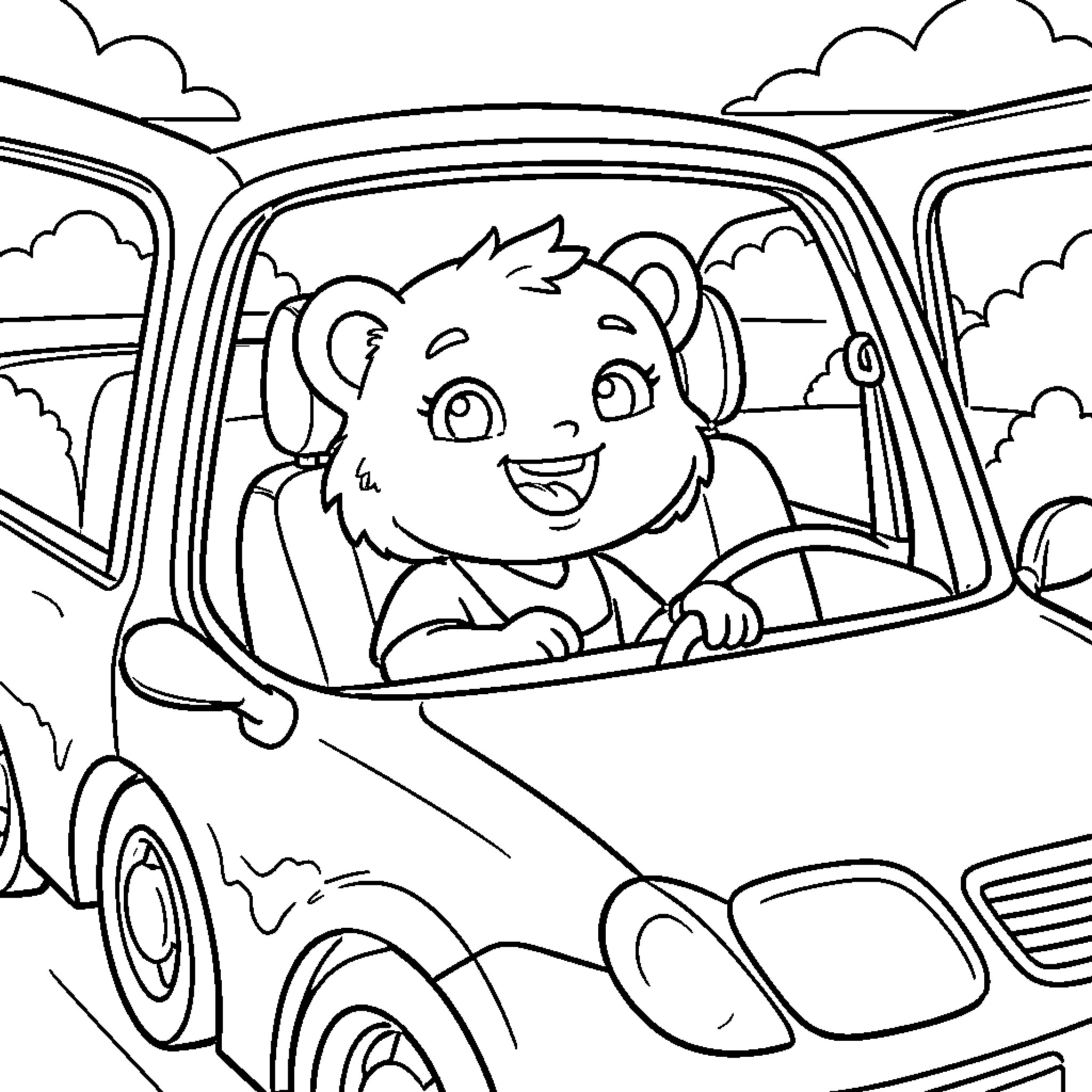Pandi smiling while driving a small car Coloring Page (free black-and-white line drawing printable PDF for all, from beginners to advanced learners, including children, teens, adults, and seniors)