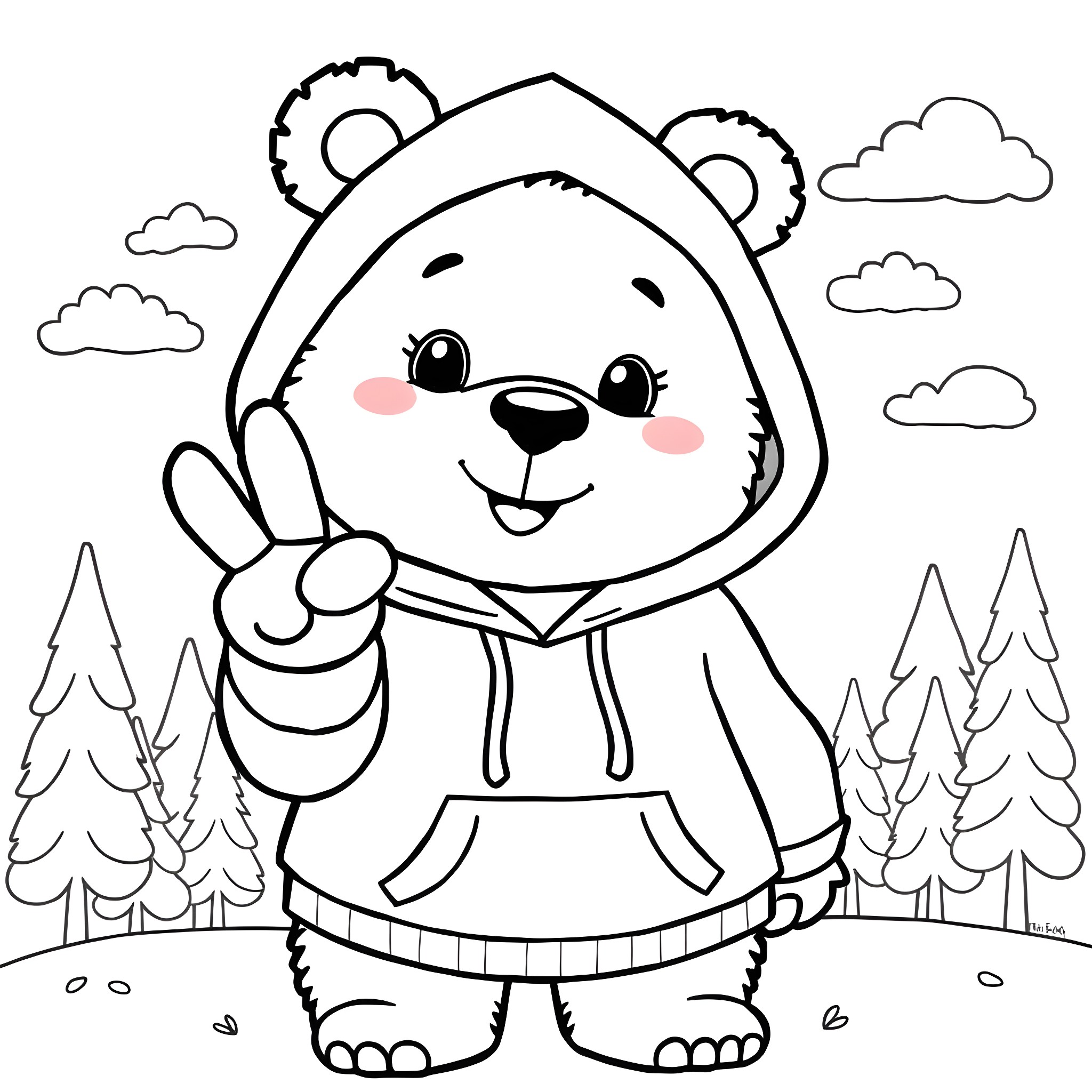 Bear wearing a hoodie in a winter landscape Coloring Page (free black-and-white line drawing printable PDF for all, from beginners to advanced learners, including children, teens, adults, and seniors)