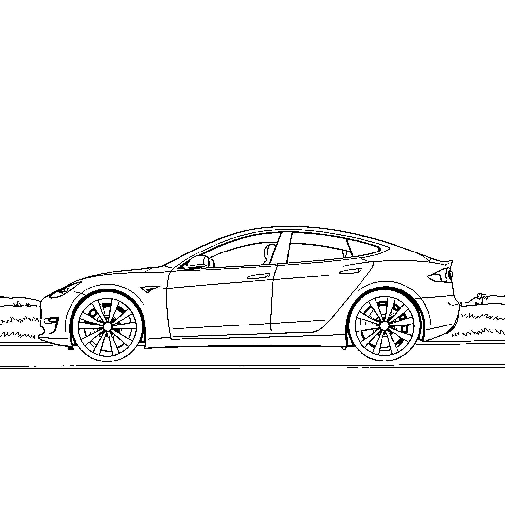 Tesla electric sedan on the road Coloring Page (free black-and-white line drawing printable PDF for all, from beginners to advanced learners, including children, teens, adults, and seniors)
