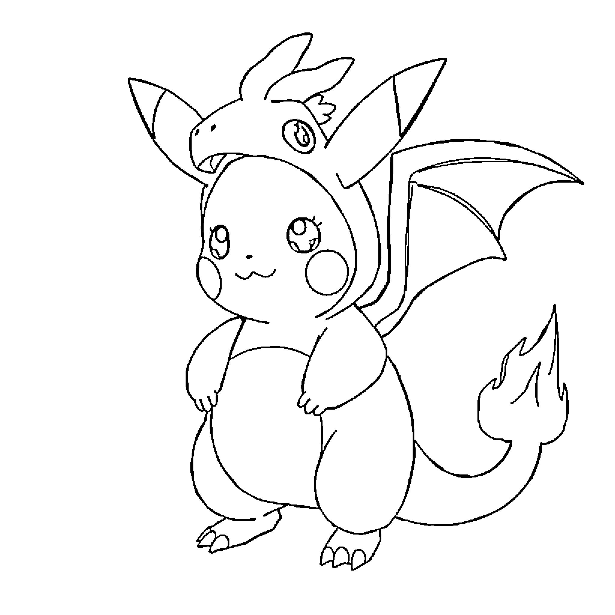 Pikachu in Amusing Pose with Unique Attributes Coloring Page (free black-and-white line drawing printable PDF for all, from beginners to advanced learners, including children, teens, adults, and seniors)