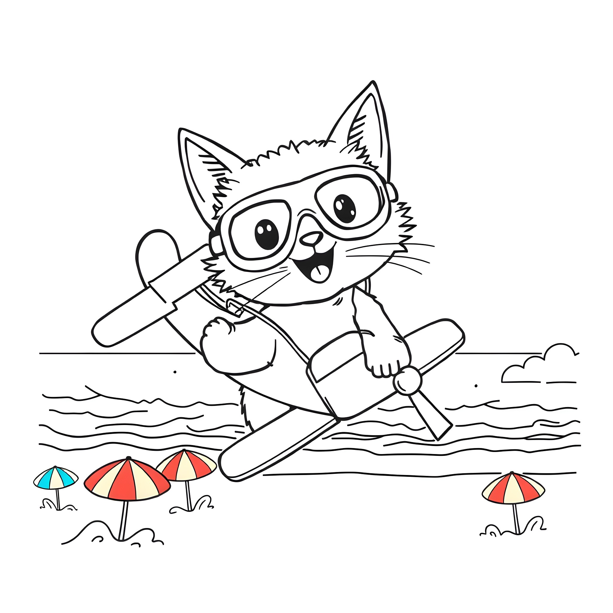 Cat enjoying a day at the beach Coloring Page (free black-and-white line drawing printable PDF for all, from beginners to advanced learners, including children, teens, adults, and seniors)