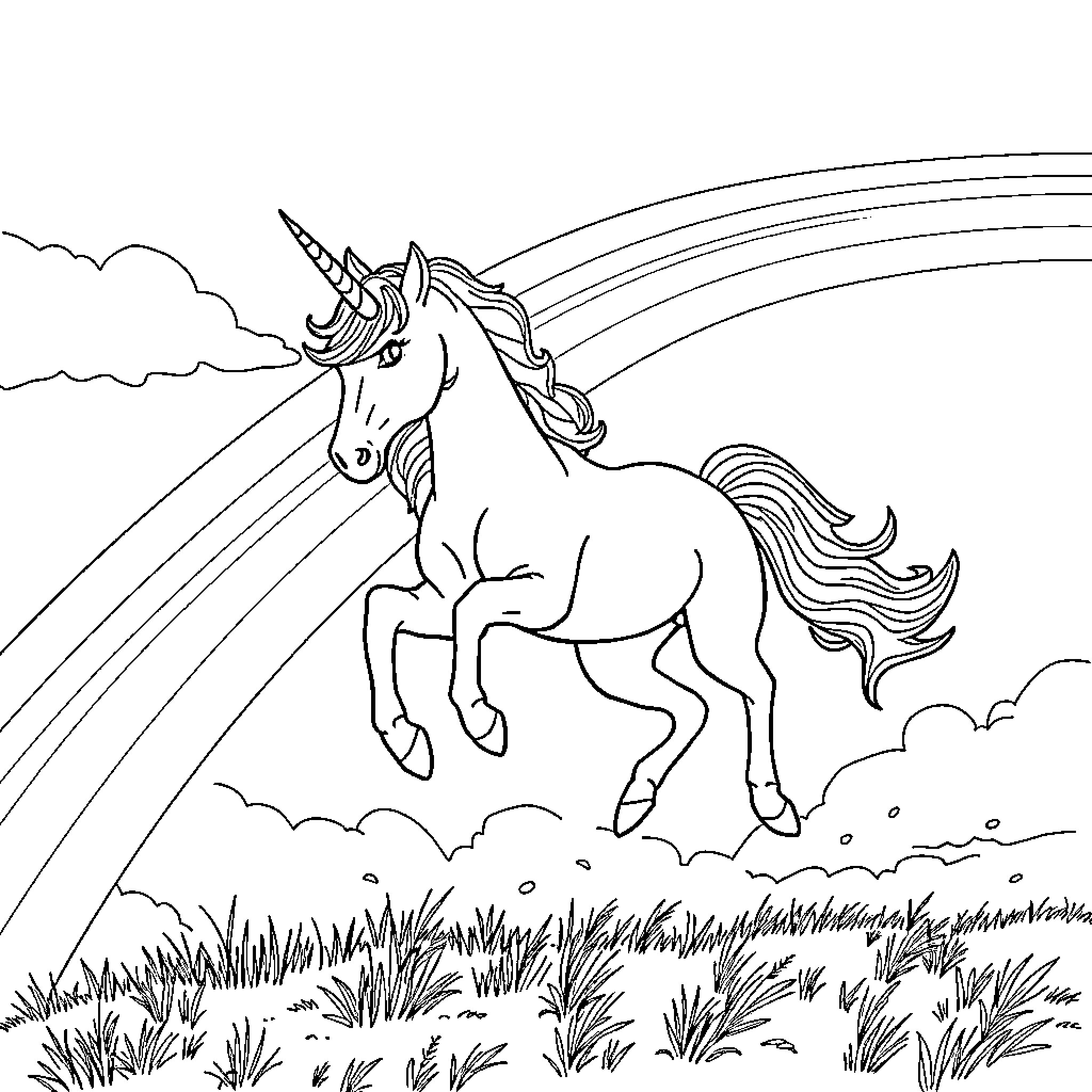 Unicorn galloping through a magical landscape Coloring Page (free black-and-white line drawing printable PDF for all, from beginners to advanced learners, including children, teens, adults, and seniors)