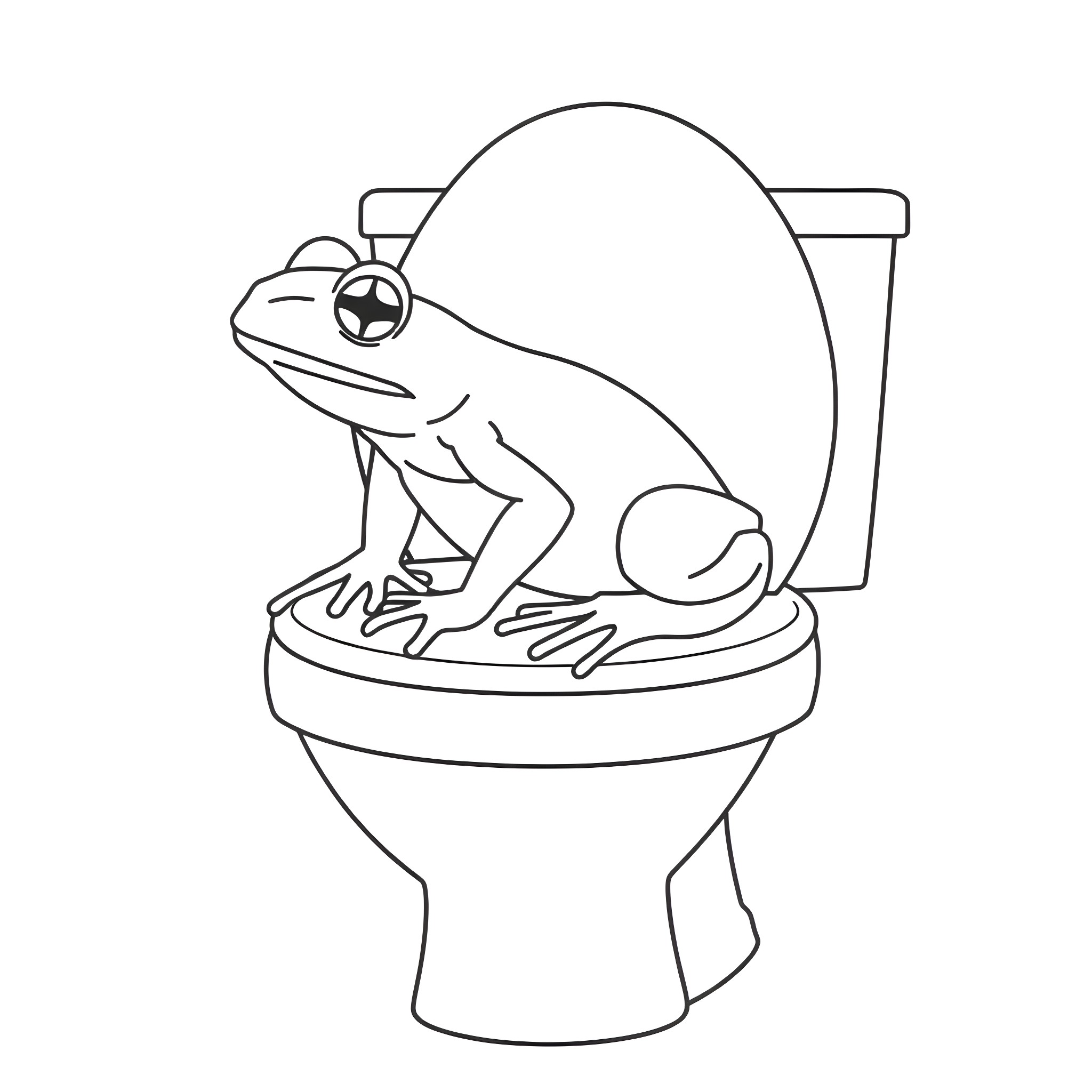 Frog sitting on a toilet Coloring Page (free black-and-white line drawing printable PDF for all, from beginners to advanced learners, including children, teens, adults, and seniors)