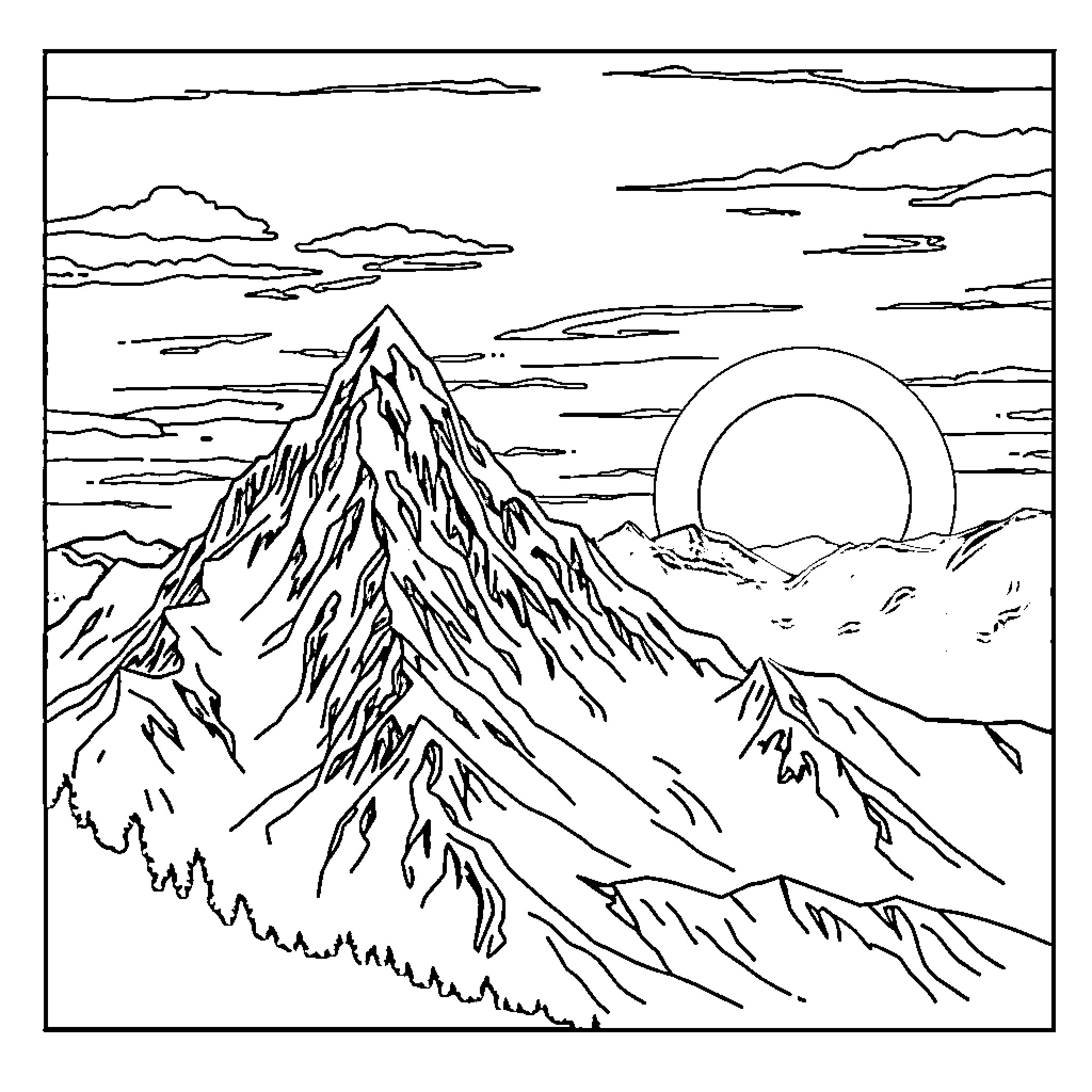 Mountain landscape with dramatic sky Coloring Page (free black-and-white line drawing printable PDF for all, from beginners to advanced learners, including children, teens, adults, and seniors)