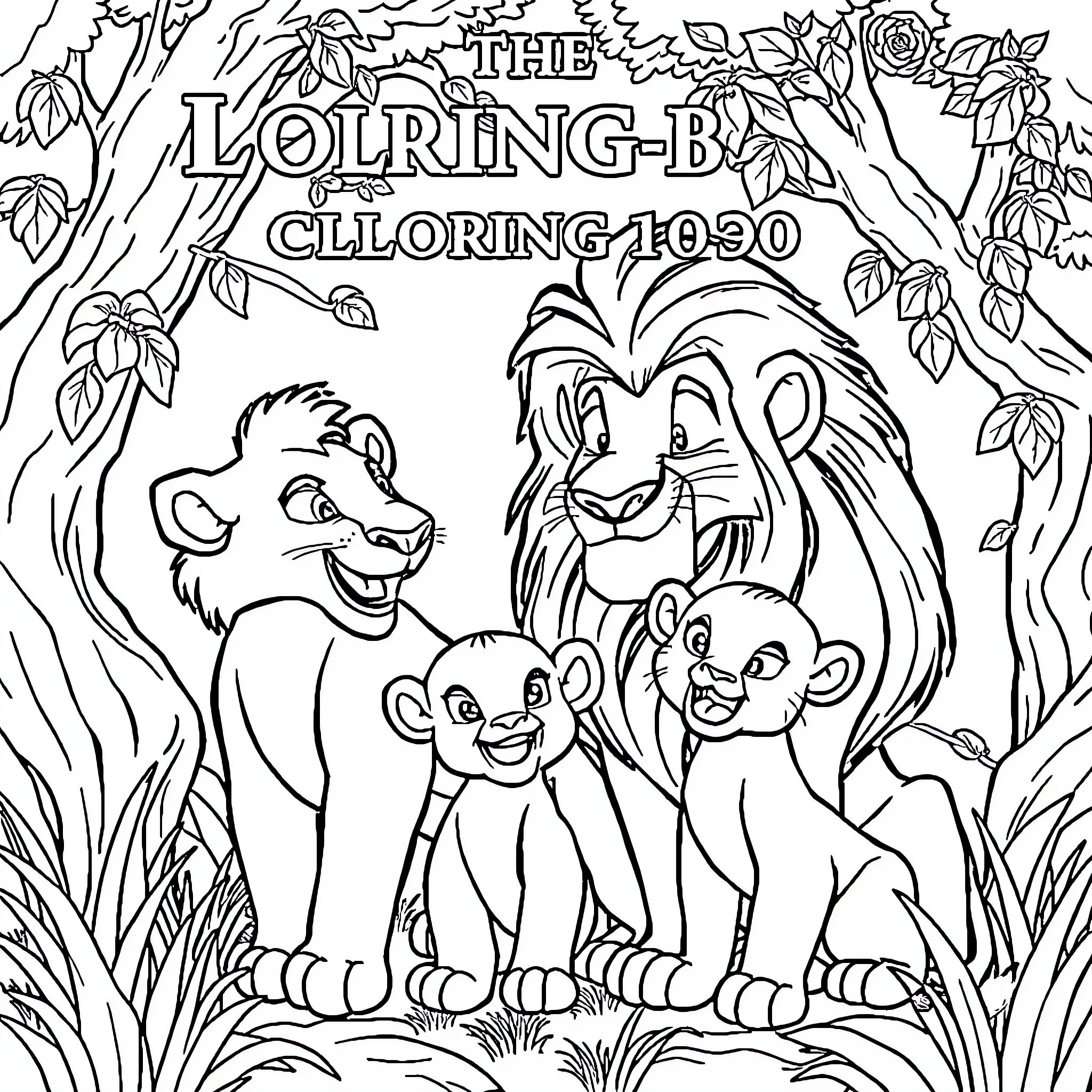 Lion family in a lush jungle setting Coloring Page (free black-and-white line drawing printable PDF for all, from beginners to advanced learners, including children, teens, adults, and seniors)