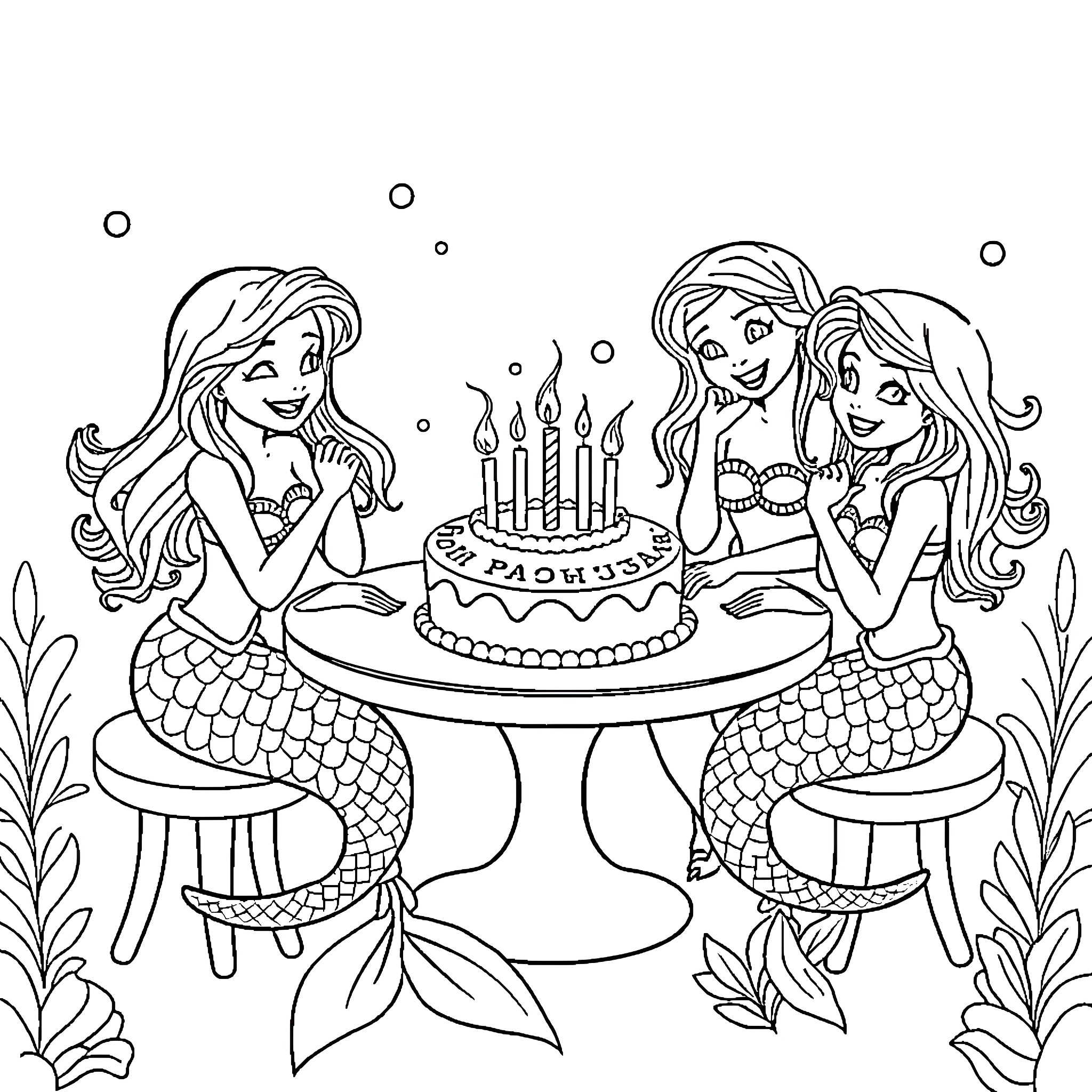 Mermaid friends celebrating a birthday party underwater Coloring Page (free black-and-white line drawing printable PDF for all, from beginners to advanced learners, including children, teens, adults, and seniors)