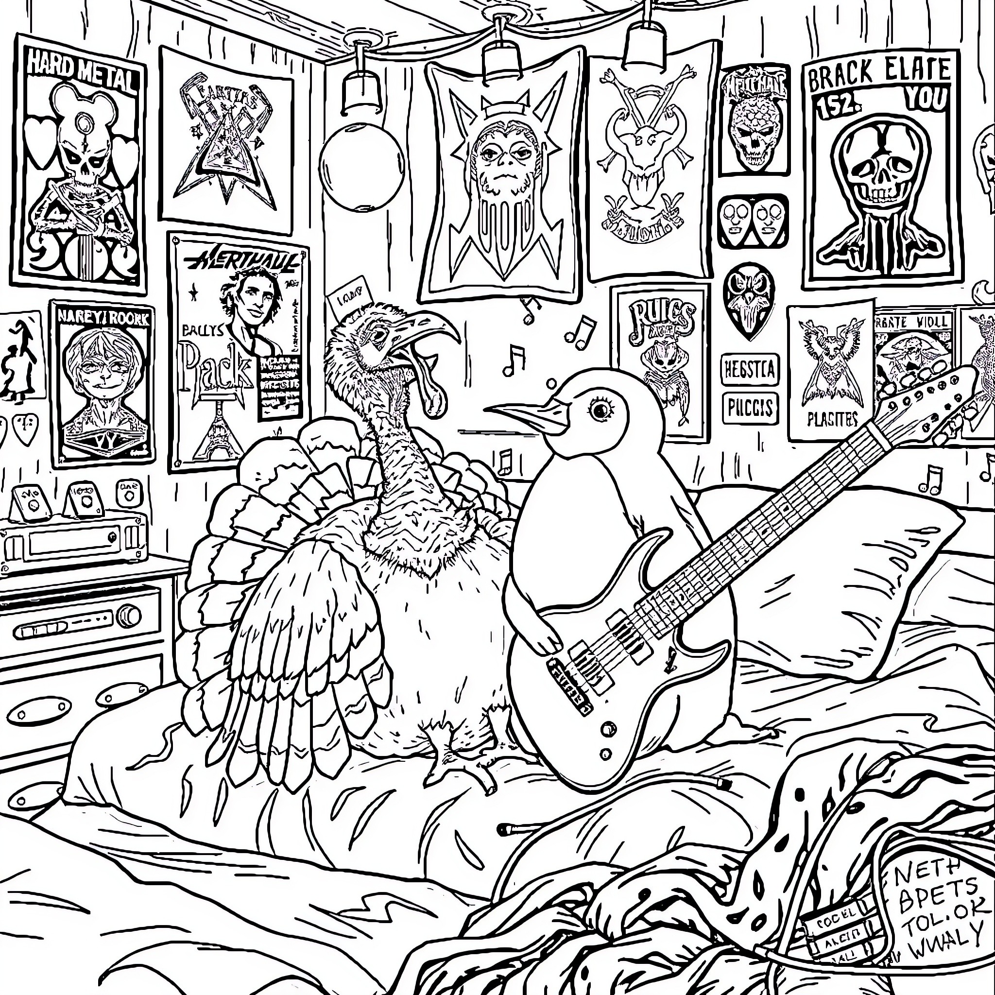 Turkey playing guitar in a music store Coloring Page (free black-and-white line drawing printable PDF for all, from beginners to advanced learners, including children, teens, adults, and seniors)