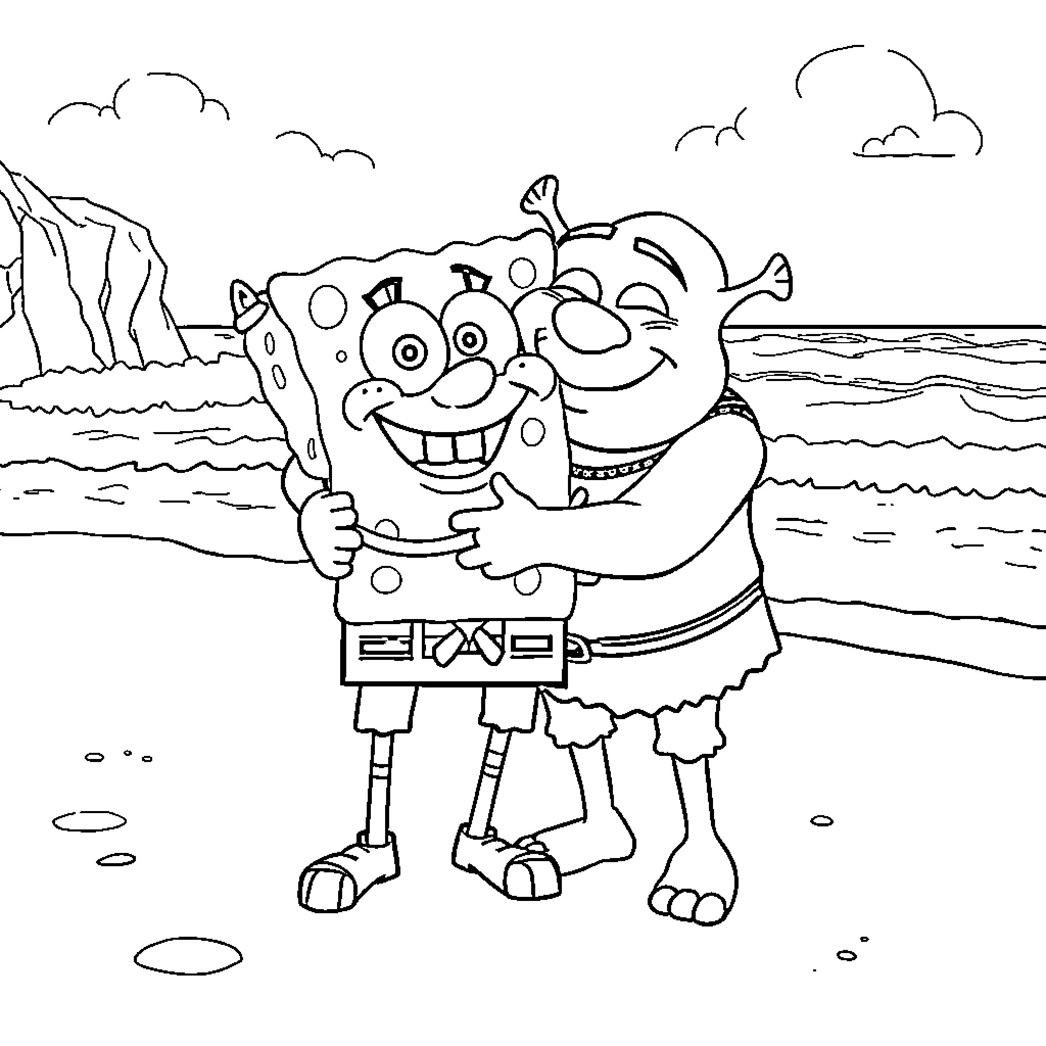 Spongebob and Patrick enjoying a day at the beach Coloring Page (free black-and-white line drawing printable PDF for all, from beginners to advanced learners, including children, teens, adults, and seniors)