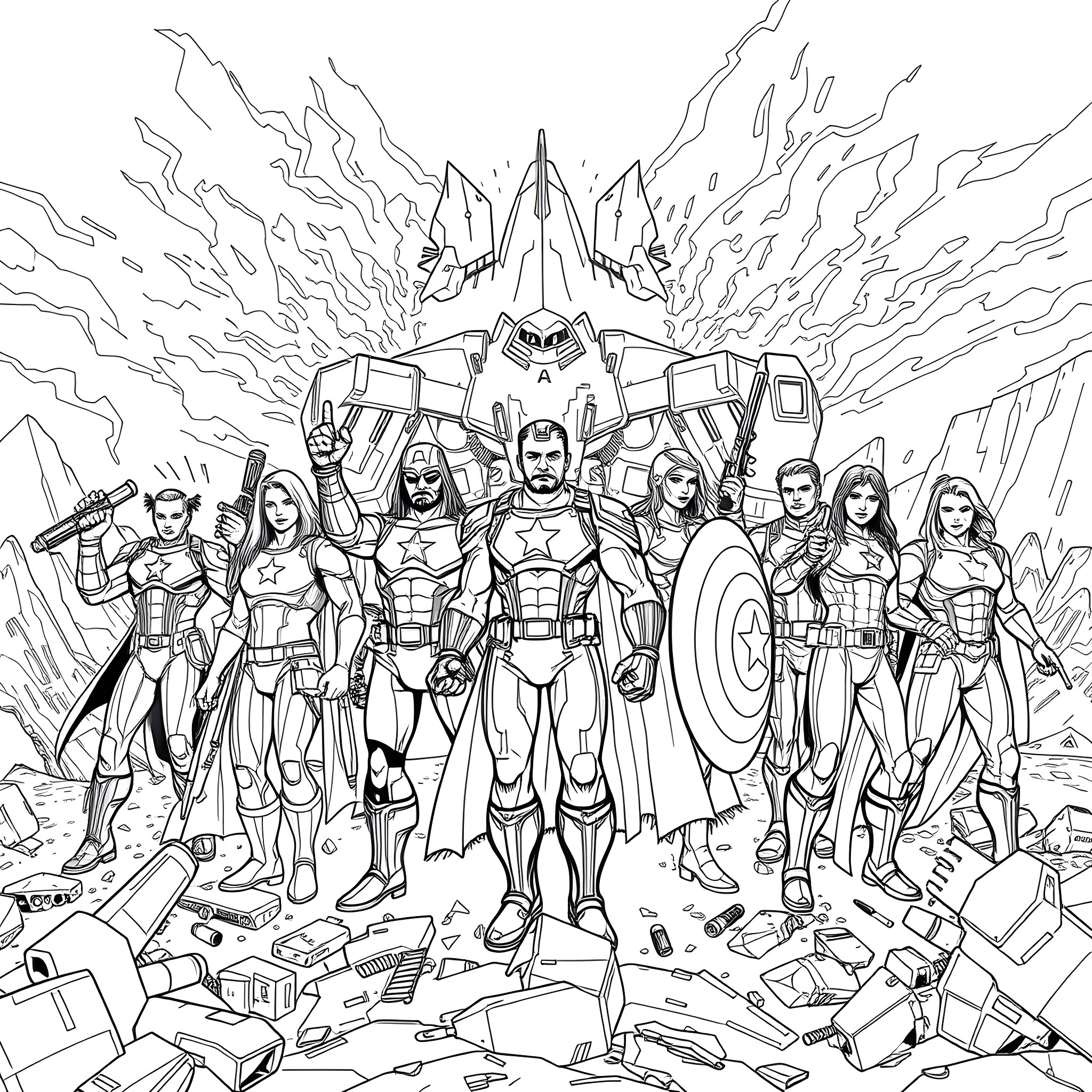 Avengers Heroic Ensemble Amidst Chaos Coloring Page (free black-and-white line drawing printable PDF for all, from beginners to advanced learners, including children, teens, adults, and seniors)
