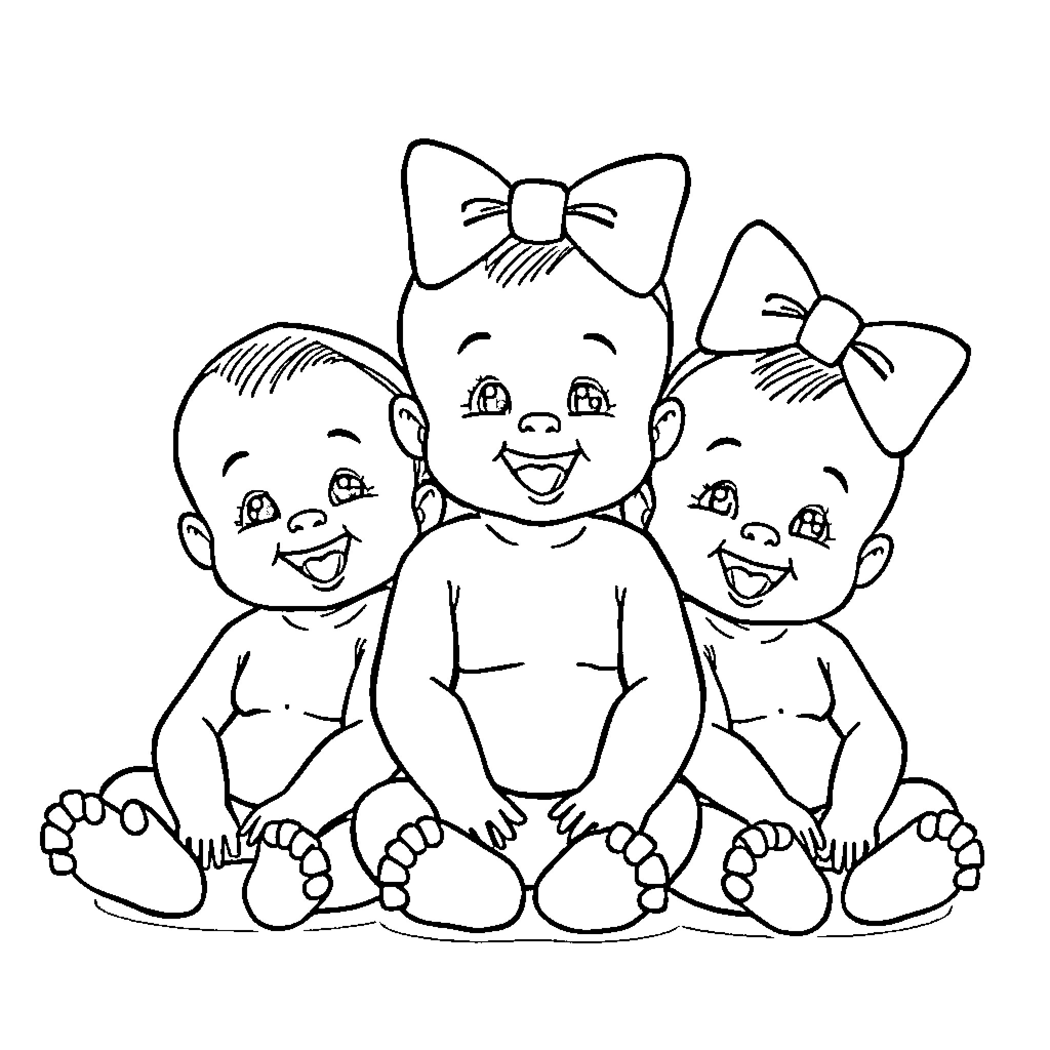 Baby Siblings Playfully Sitting Together Coloring Page (free black-and-white line drawing printable PDF for all, from beginners to advanced learners, including children, teens, adults, and seniors)