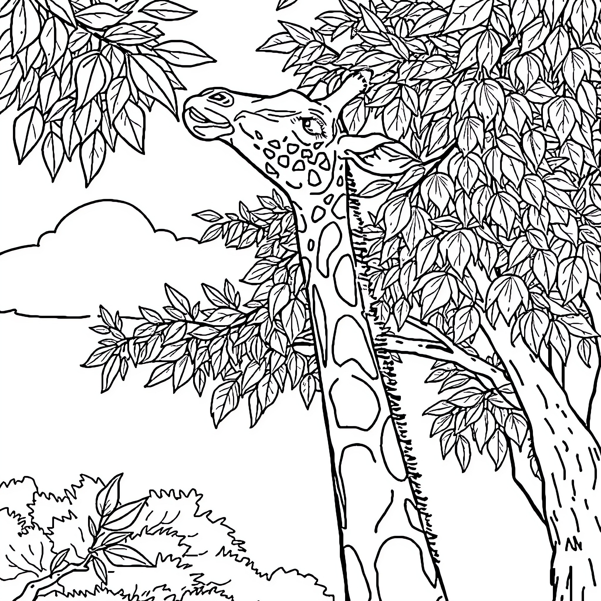 Giraffe standing among lush foliage Coloring Page (free black-and-white line drawing printable PDF for all, from beginners to advanced learners, including children, teens, adults, and seniors)