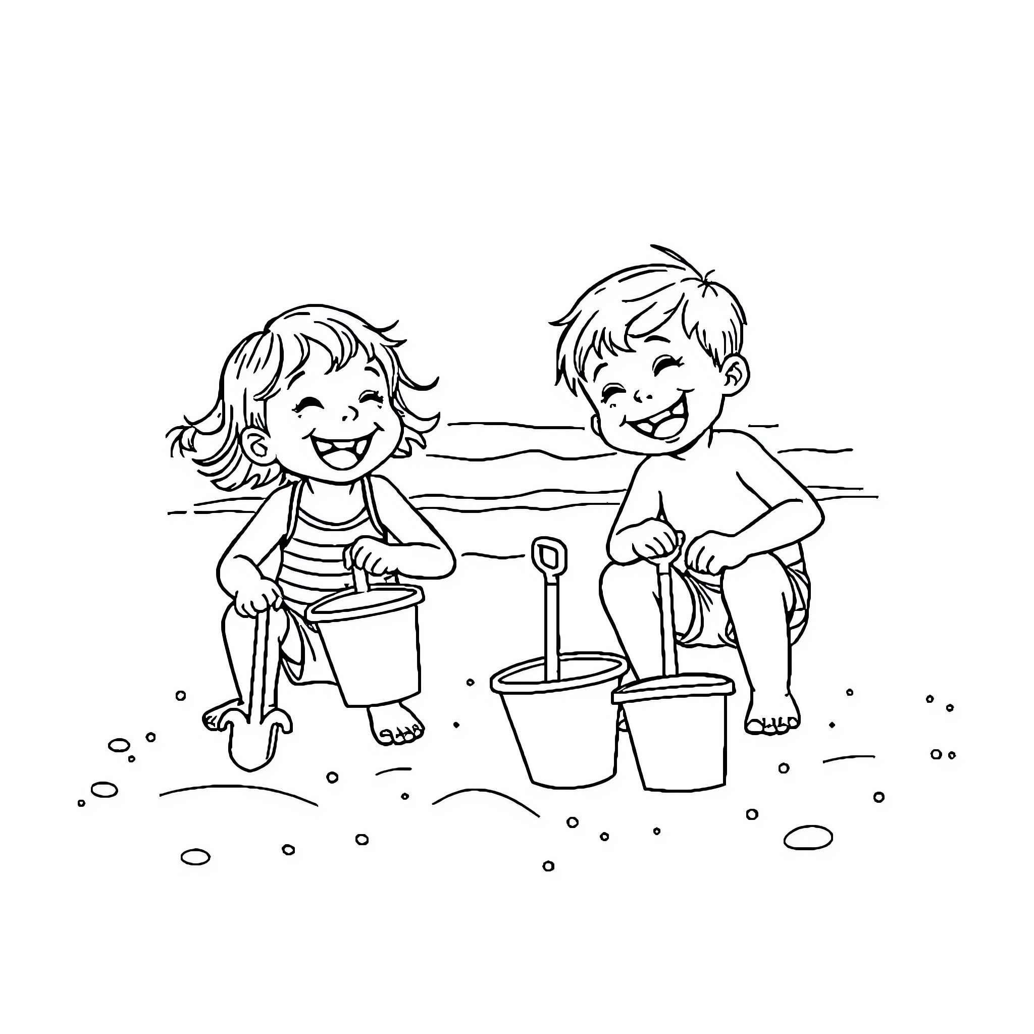 Kid siblings playing in the sand Coloring Page (free black-and-white line drawing printable PDF for all, from beginners to advanced learners, including children, teens, adults, and seniors)
