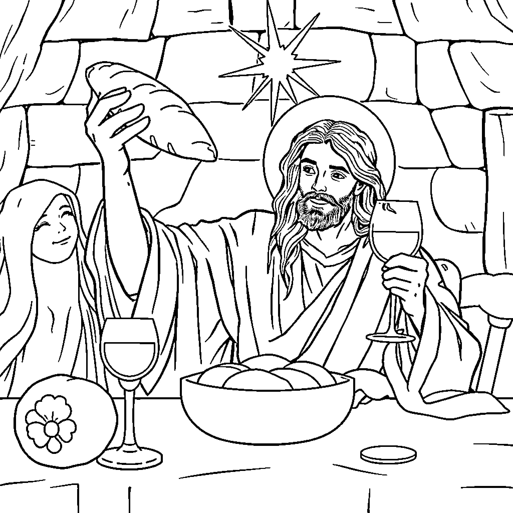 Jesus sharing bread and wine with his disciples Coloring Page (free black-and-white line drawing printable PDF for all, from beginners to advanced learners, including children, teens, adults, and seniors)
