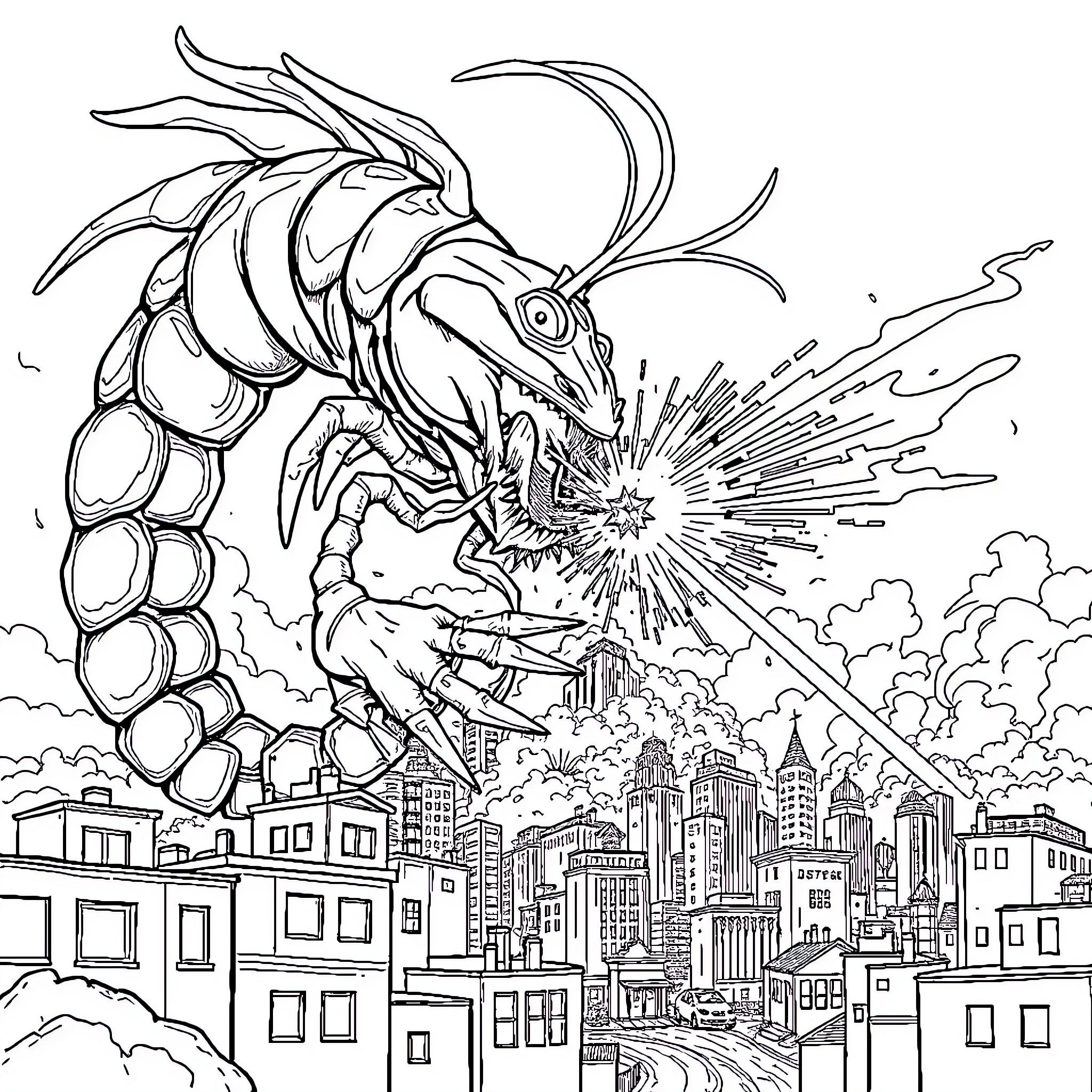 Shrimp-like creature attacking cityscape Coloring Page (free black-and-white line drawing printable PDF for all, from beginners to advanced learners, including children, teens, adults, and seniors)