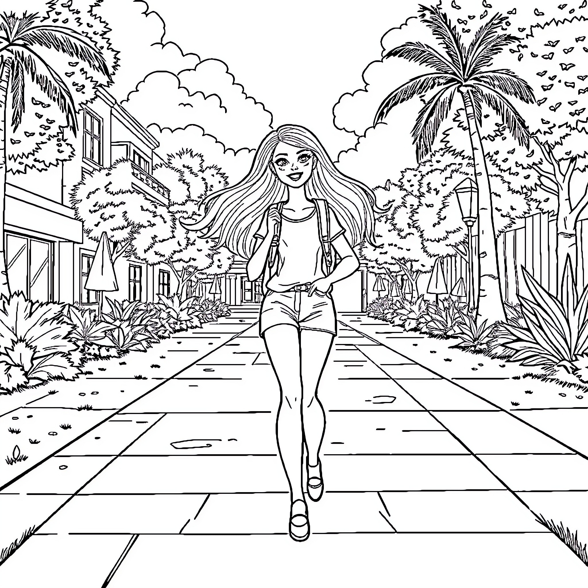 Barbie Strolling Through Tropical Scenery Coloring Page (free black-and-white line drawing printable PDF for all, from beginners to advanced learners, including children, teens, adults, and seniors)