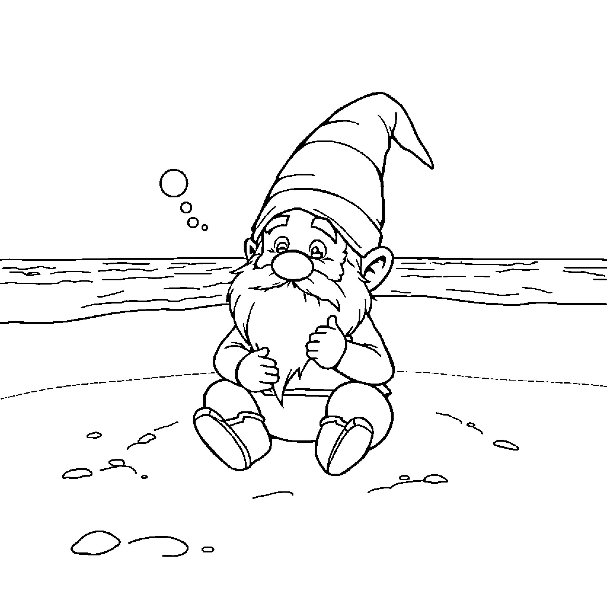 Gnome enjoying a peaceful moment by the shore Coloring Page (free black-and-white line drawing printable PDF for all, from beginners to advanced learners, including children, teens, adults, and seniors)