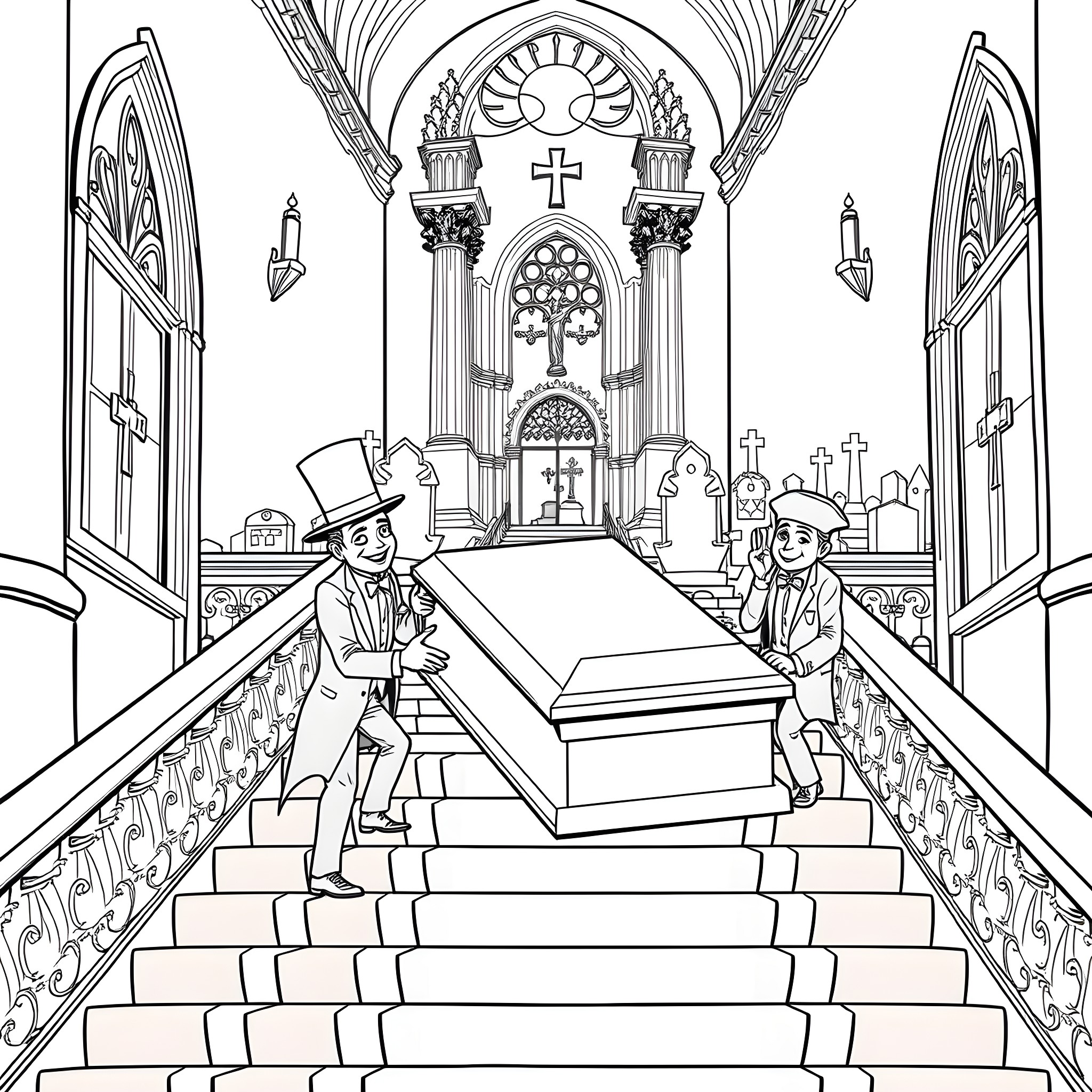 Mortician's Solemn Procession in Ornate Church Coloring Page (free black-and-white line drawing printable PDF for all, from beginners to advanced learners, including children, teens, adults, and seniors)