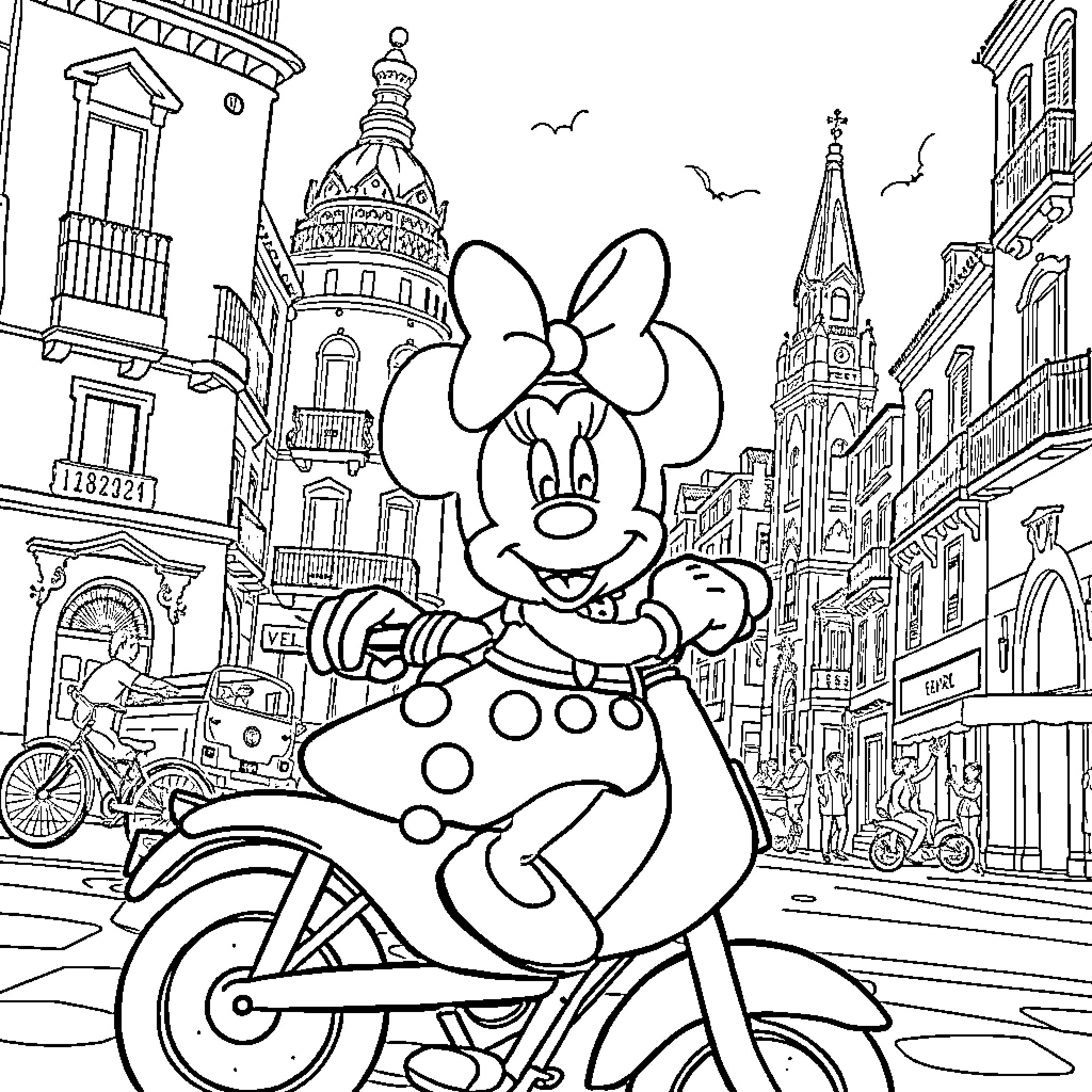 Minnie's Fun Ride through the City Coloring Page (free black-and-white line drawing printable PDF for all, from beginners to advanced learners, including children, teens, adults, and seniors)