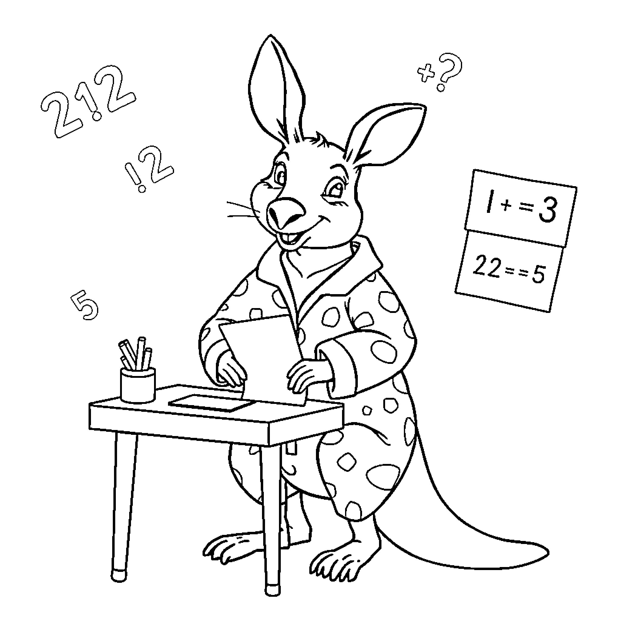 Kangaroo doing math problems at desk Coloring Page (free black-and-white line drawing printable PDF for all, from beginners to advanced learners, including children, teens, adults, and seniors)