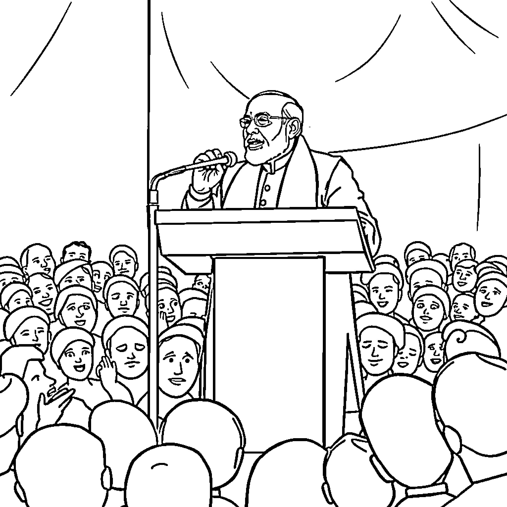 Modi addressing a large crowd at a public event Coloring Page (free black-and-white line drawing printable PDF for all, from beginners to advanced learners, including children, teens, adults, and seniors)