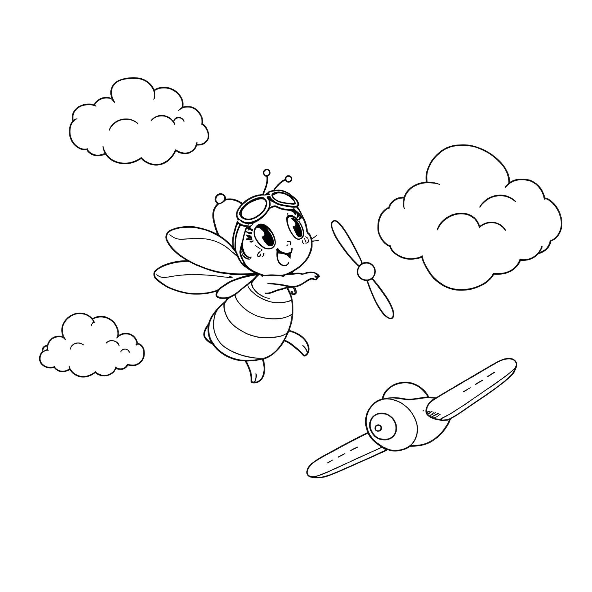 Bee flying joyfully in the sky Coloring Page (free black-and-white line drawing printable PDF for all, from beginners to advanced learners, including children, teens, adults, and seniors)