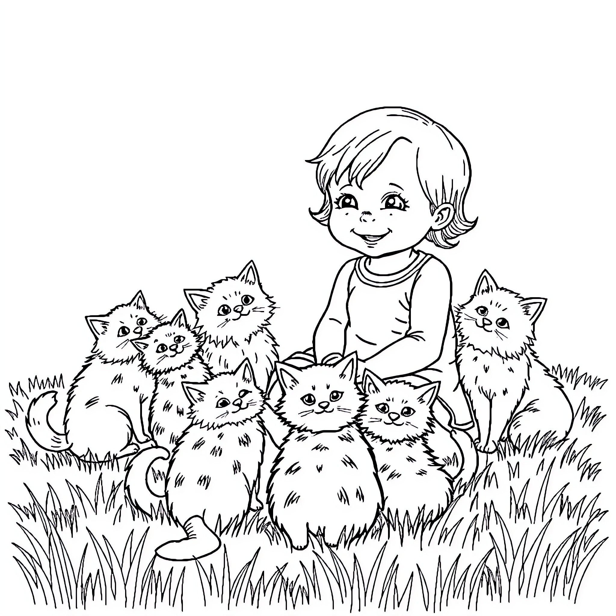 Baby Girl Playing with Kittens in the Grass Coloring Page (free black-and-white line drawing printable PDF for all, from beginners to advanced learners, including children, teens, adults, and seniors)