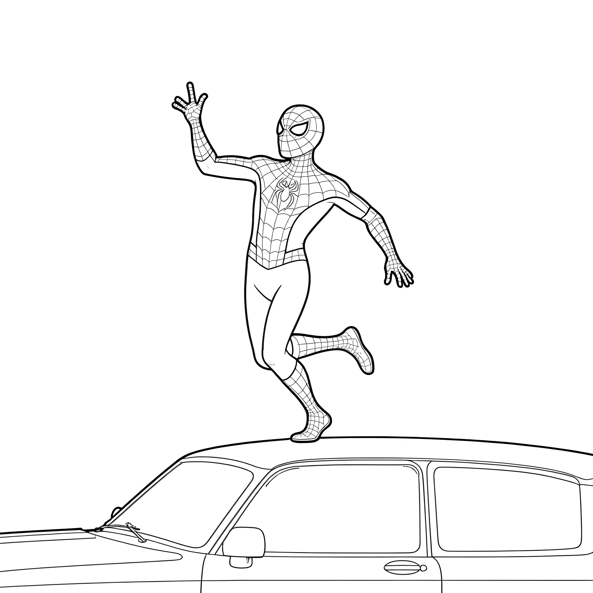 Spider-Man Swinging Above Cars in Action Pose Coloring Page (free black-and-white line drawing printable PDF for all, from beginners to advanced learners, including children, teens, adults, and seniors)
