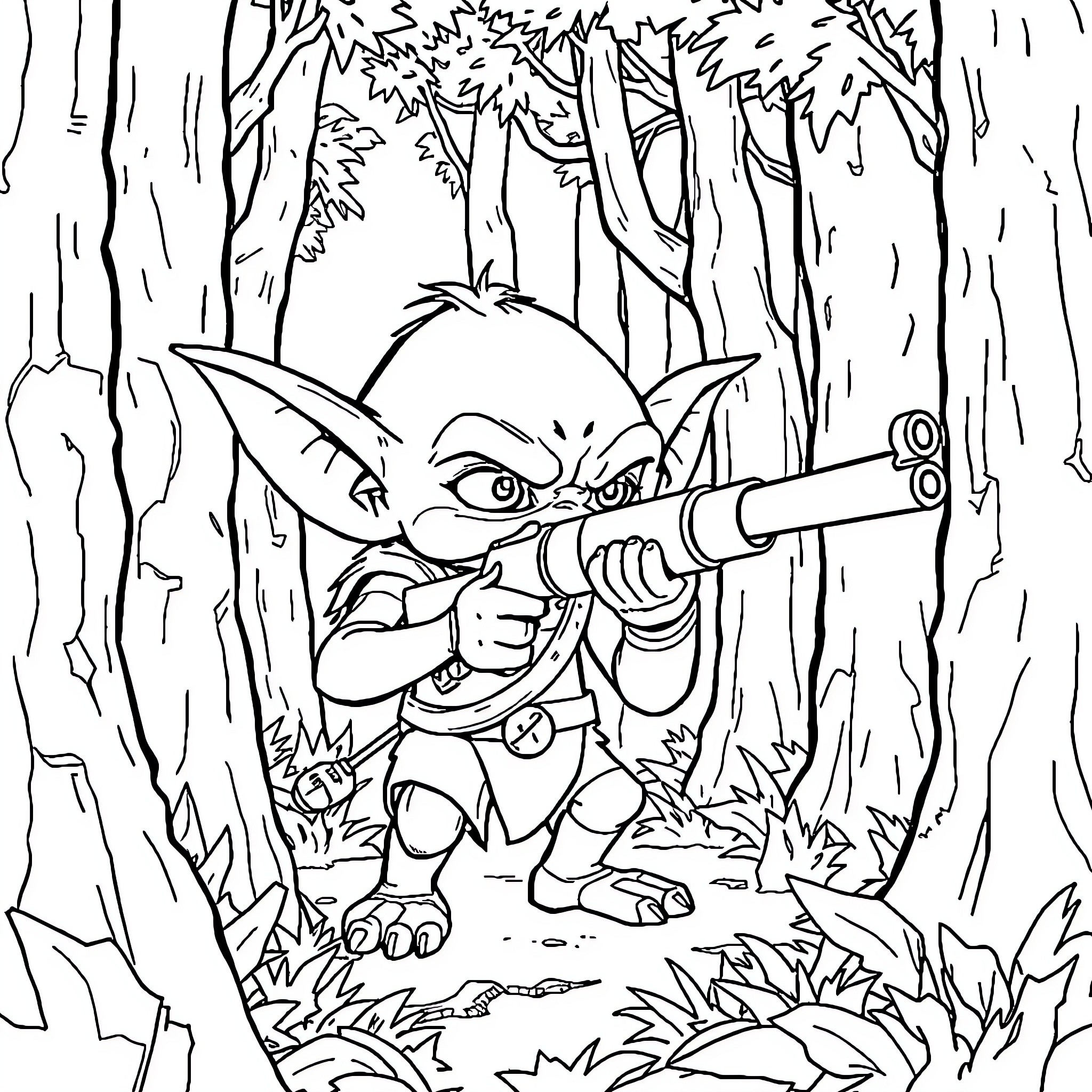 Goblin warrior armed with a blaster in the forest Coloring Page (free black-and-white line drawing printable PDF for all, from beginners to advanced learners, including children, teens, adults, and seniors)