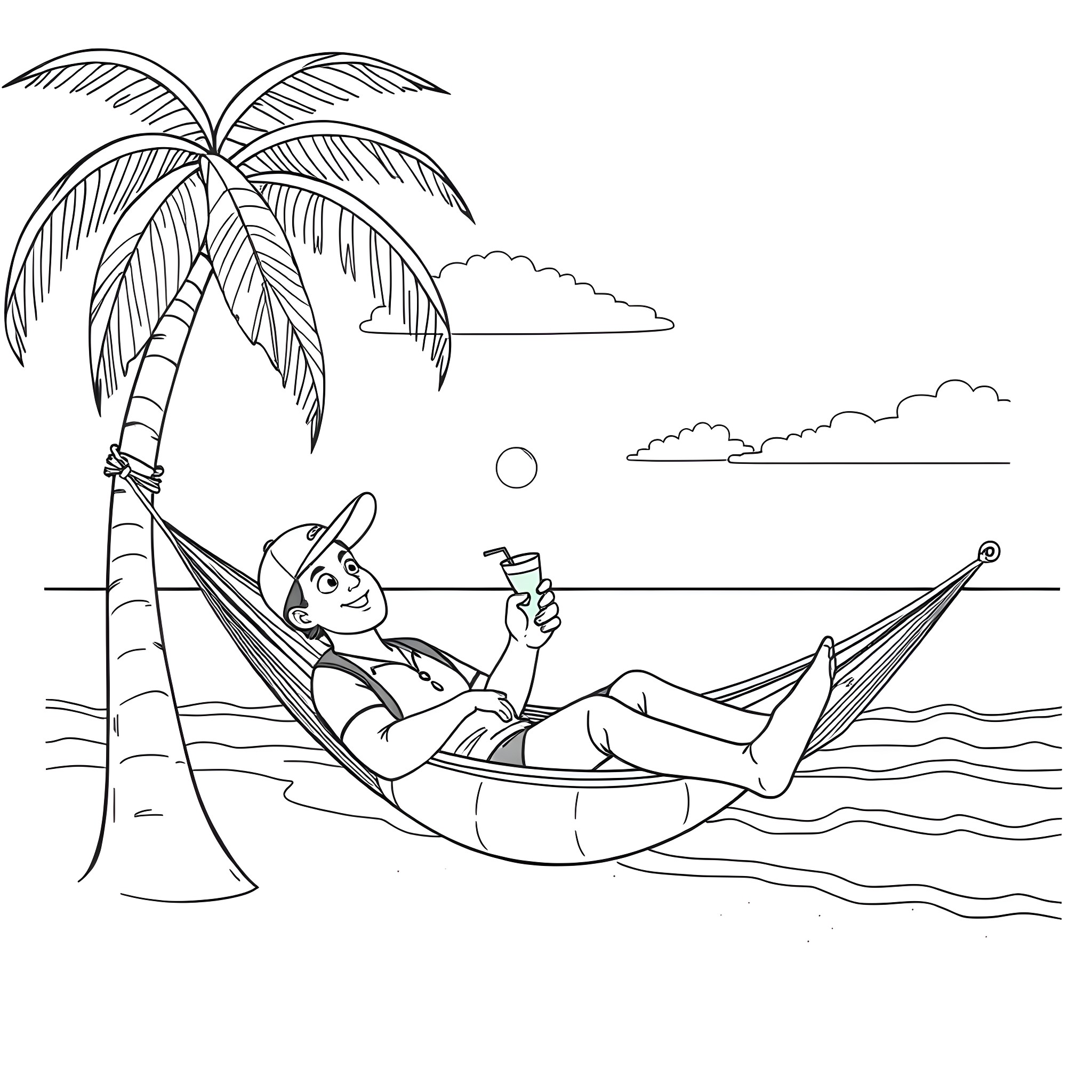 Window Cleaner Relaxing on a Tropical Hammock Coloring Page (free black-and-white line drawing printable PDF for all, from beginners to advanced learners, including children, teens, adults, and seniors)