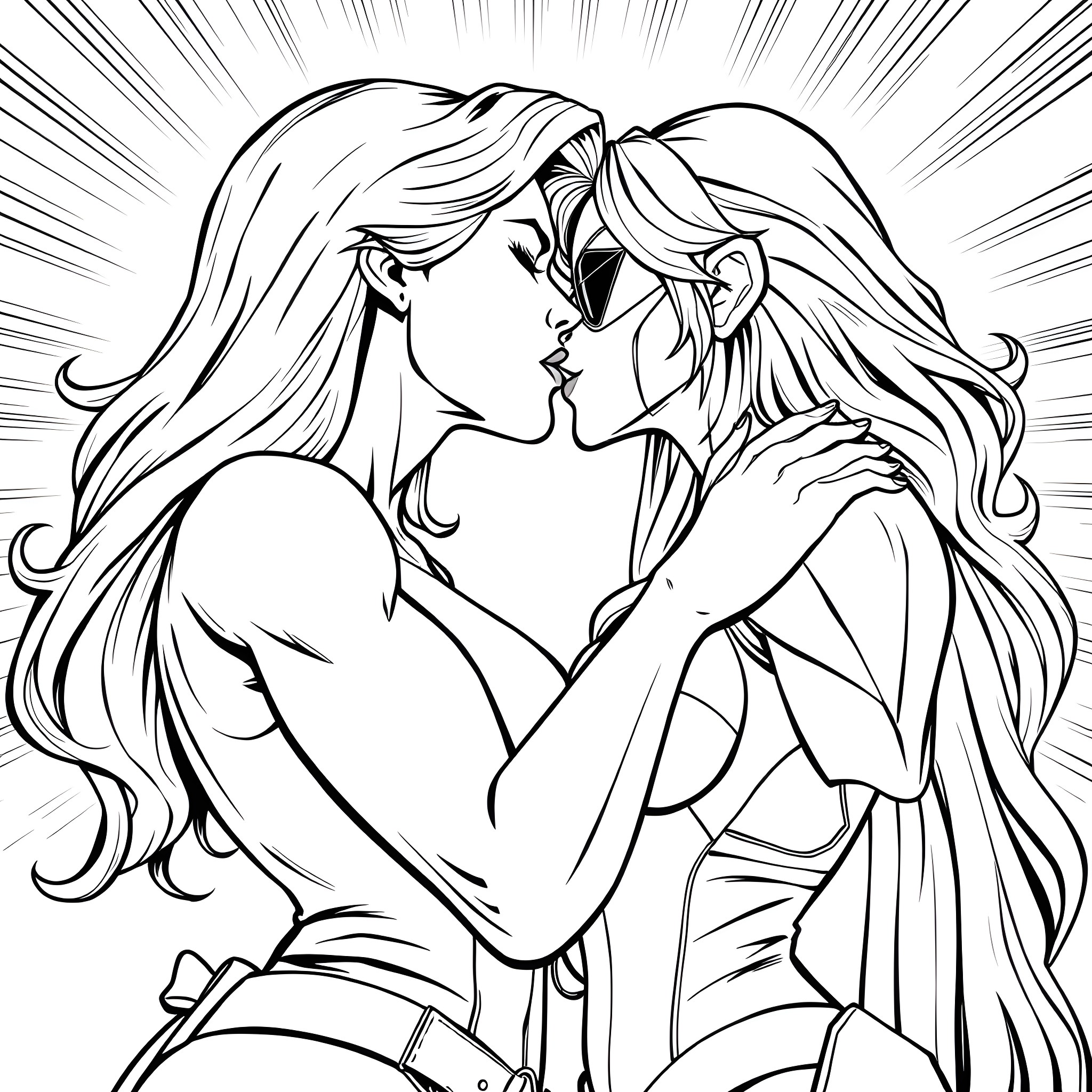 She-Hulk embracing in an intimate moment Coloring Page (free black-and-white line drawing printable PDF for all, from beginners to advanced learners, including children, teens, adults, and seniors)