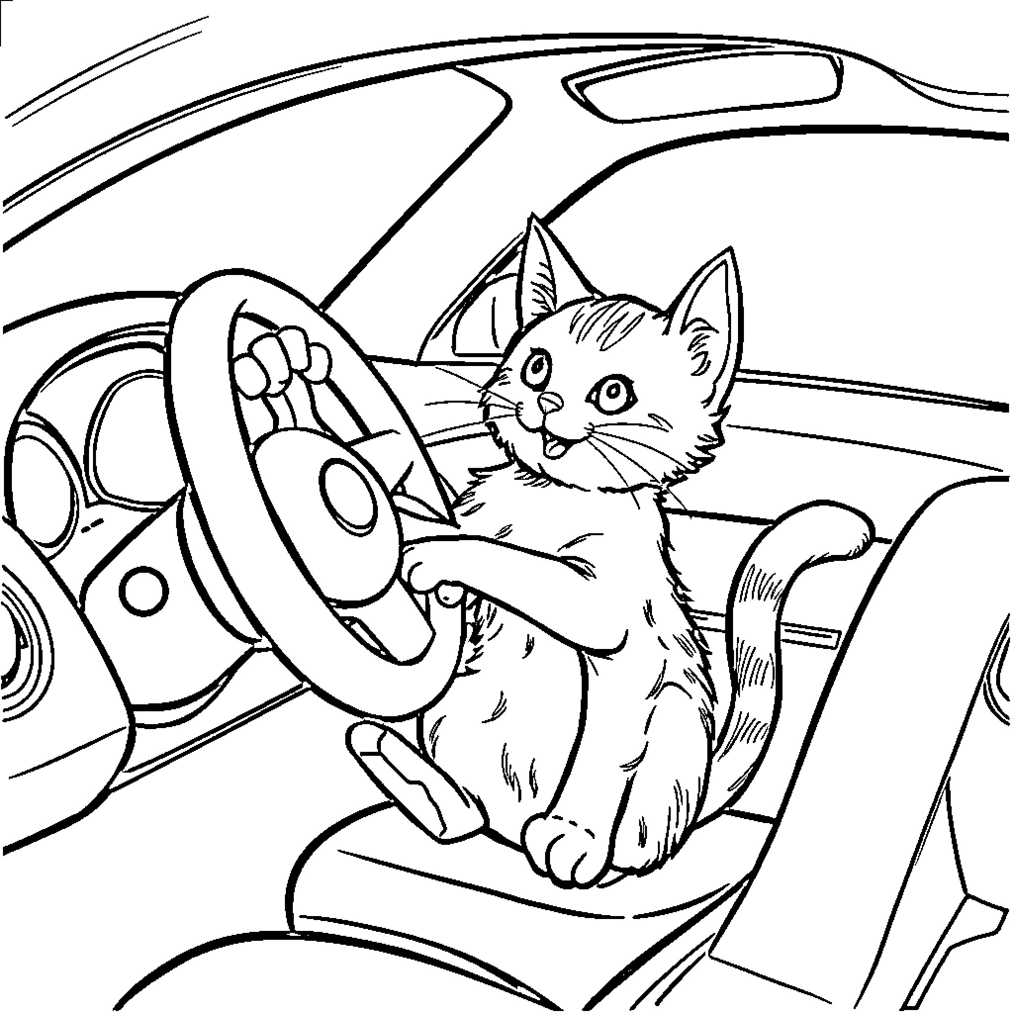 Cat driving a car Coloring Page (free black-and-white line drawing printable PDF for all, from beginners to advanced learners, including children, teens, adults, and seniors)
