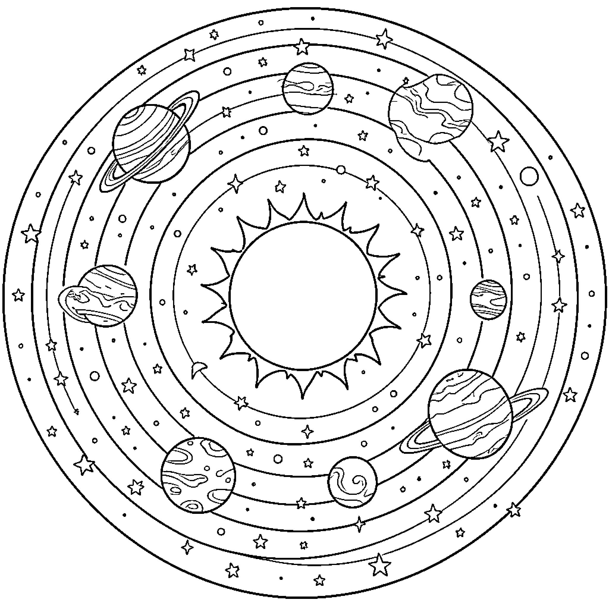 Solar System with planets orbiting a central sun Coloring Page (free black-and-white line drawing printable PDF for all, from beginners to advanced learners, including children, teens, adults, and seniors)