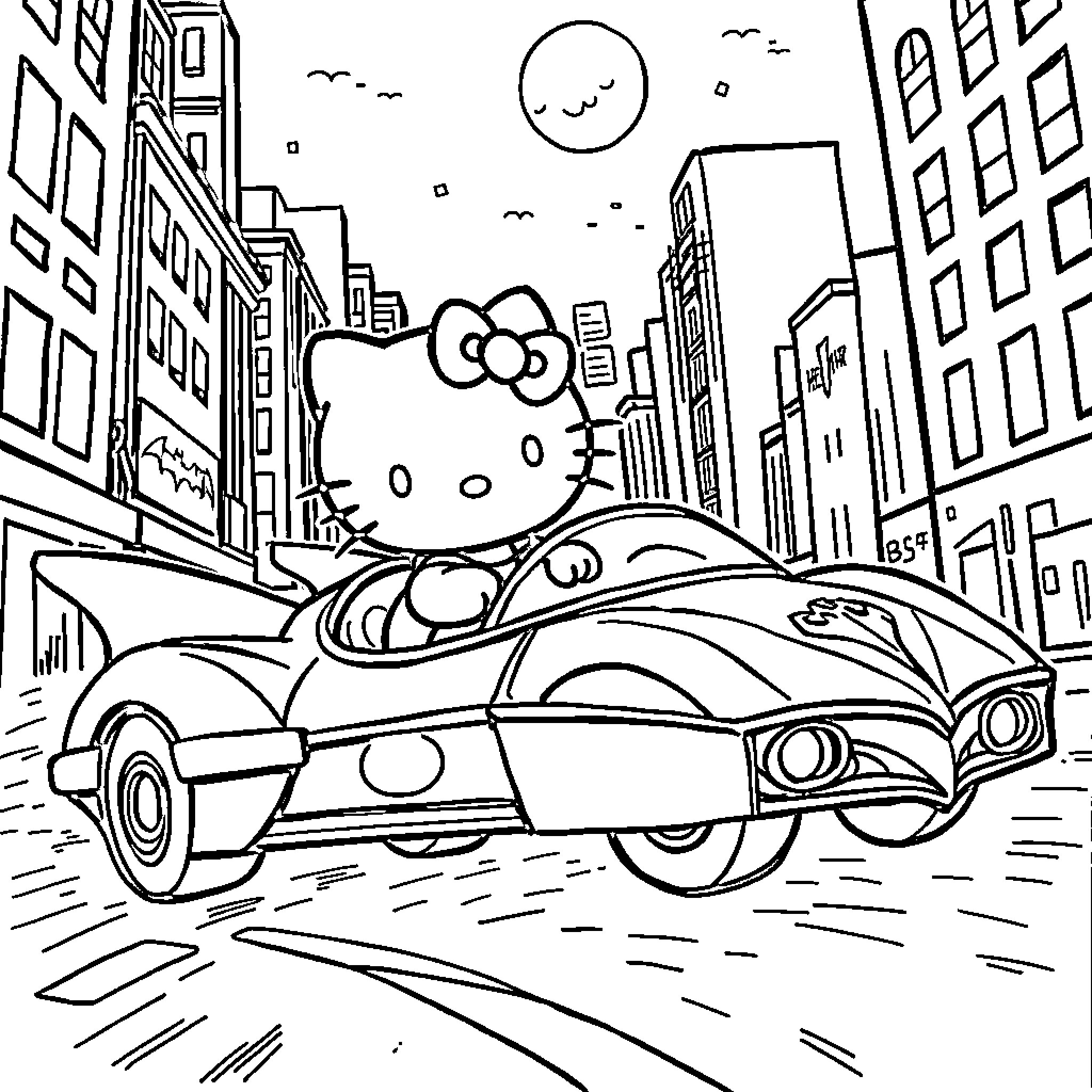 Hello Kitty driving a futuristic car in the city Coloring Page (free black-and-white line drawing printable PDF for all, from beginners to advanced learners, including children, teens, adults, and seniors)