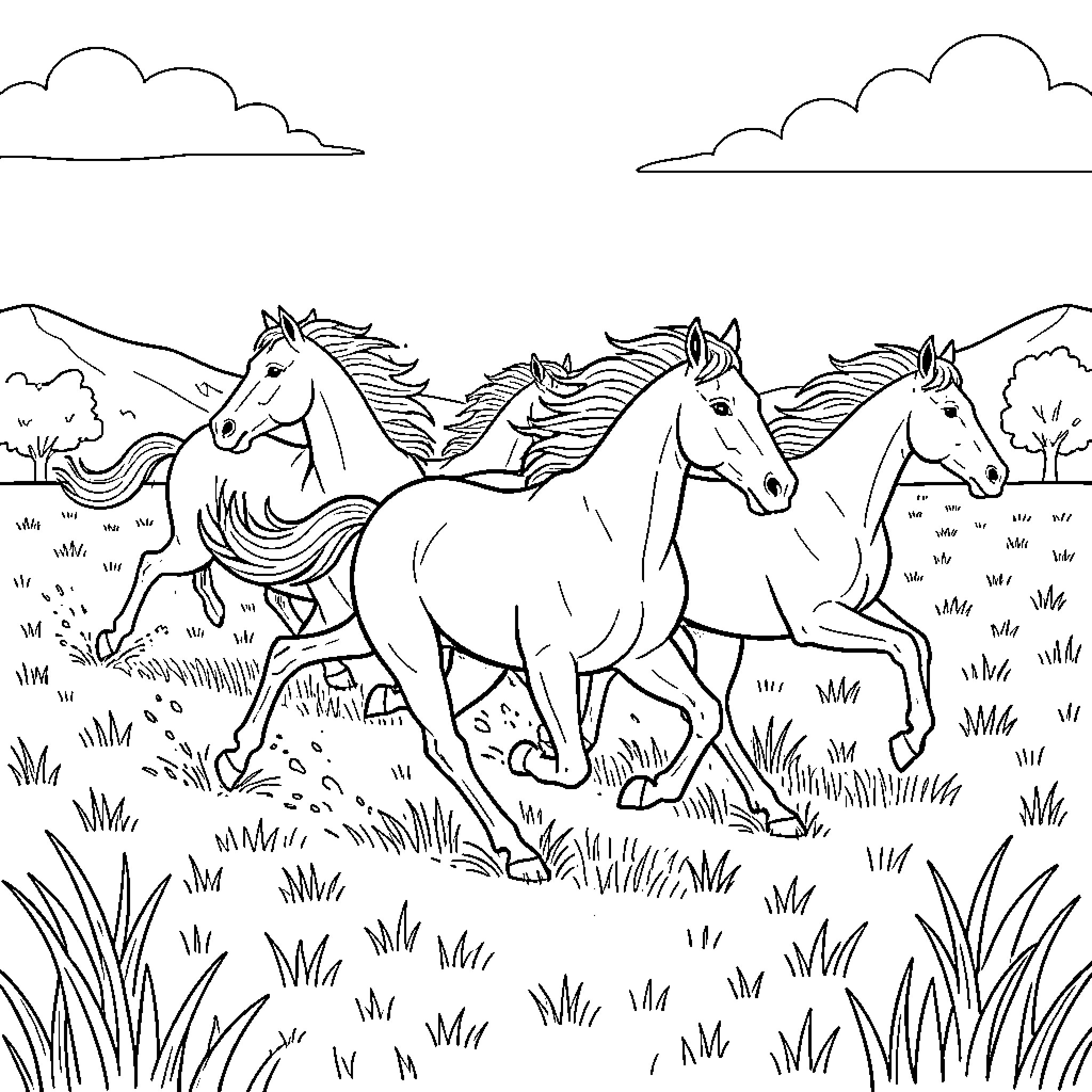 Horse Herd Running Freely in Nature Coloring Page (free black-and-white line drawing printable PDF for all, from beginners to advanced learners, including children, teens, adults, and seniors)