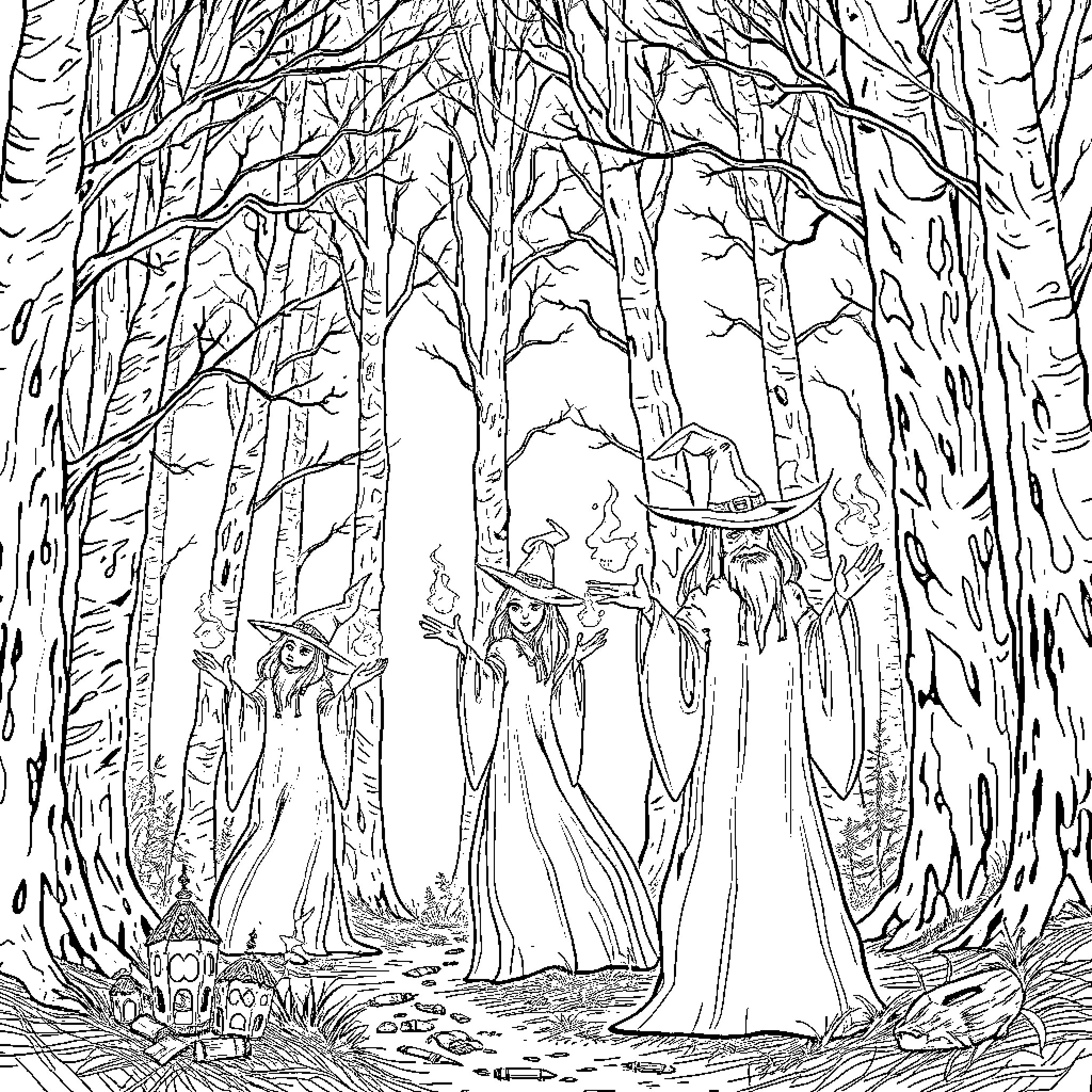Witches' Gathering in the Enchanted Forest Coloring Page (free black-and-white line drawing printable PDF for all, from beginners to advanced learners, including children, teens, adults, and seniors)