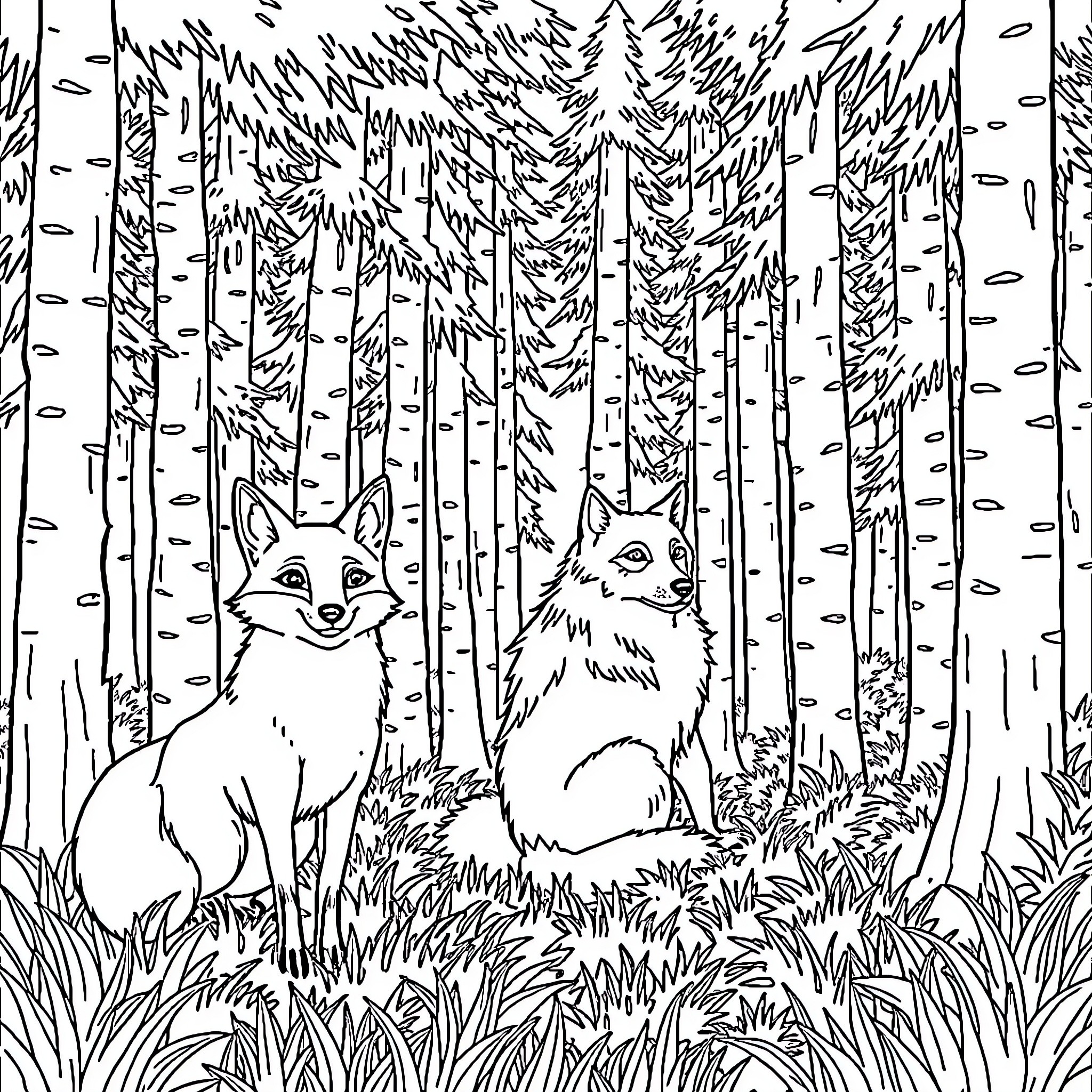 Fox Duo in Serene Forest Coloring Page (free black-and-white line drawing printable PDF for all, from beginners to advanced learners, including children, teens, adults, and seniors)