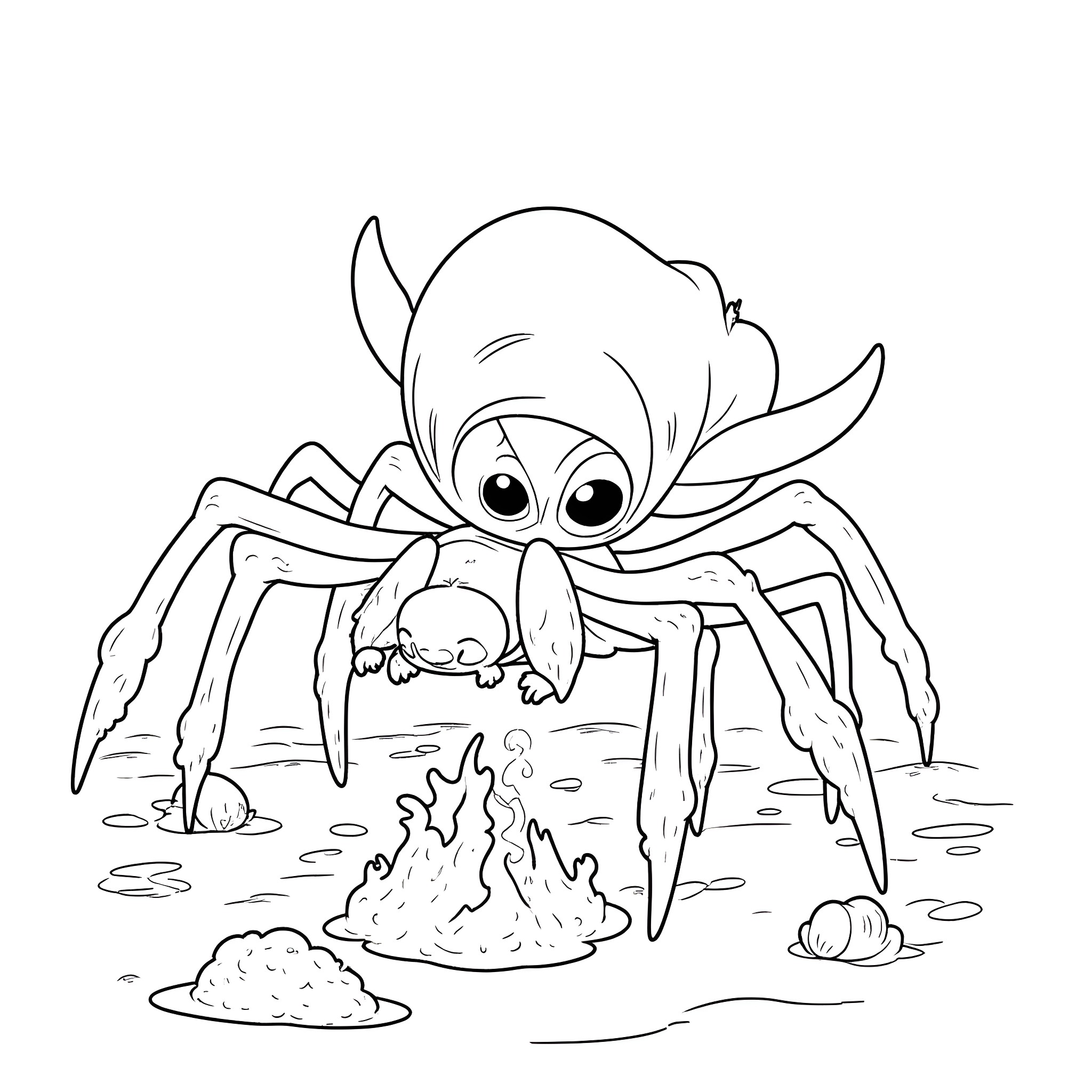 Ghost Spider scurrying in the shadows Coloring Page (free black-and-white line drawing printable PDF for all, from beginners to advanced learners, including children, teens, adults, and seniors)