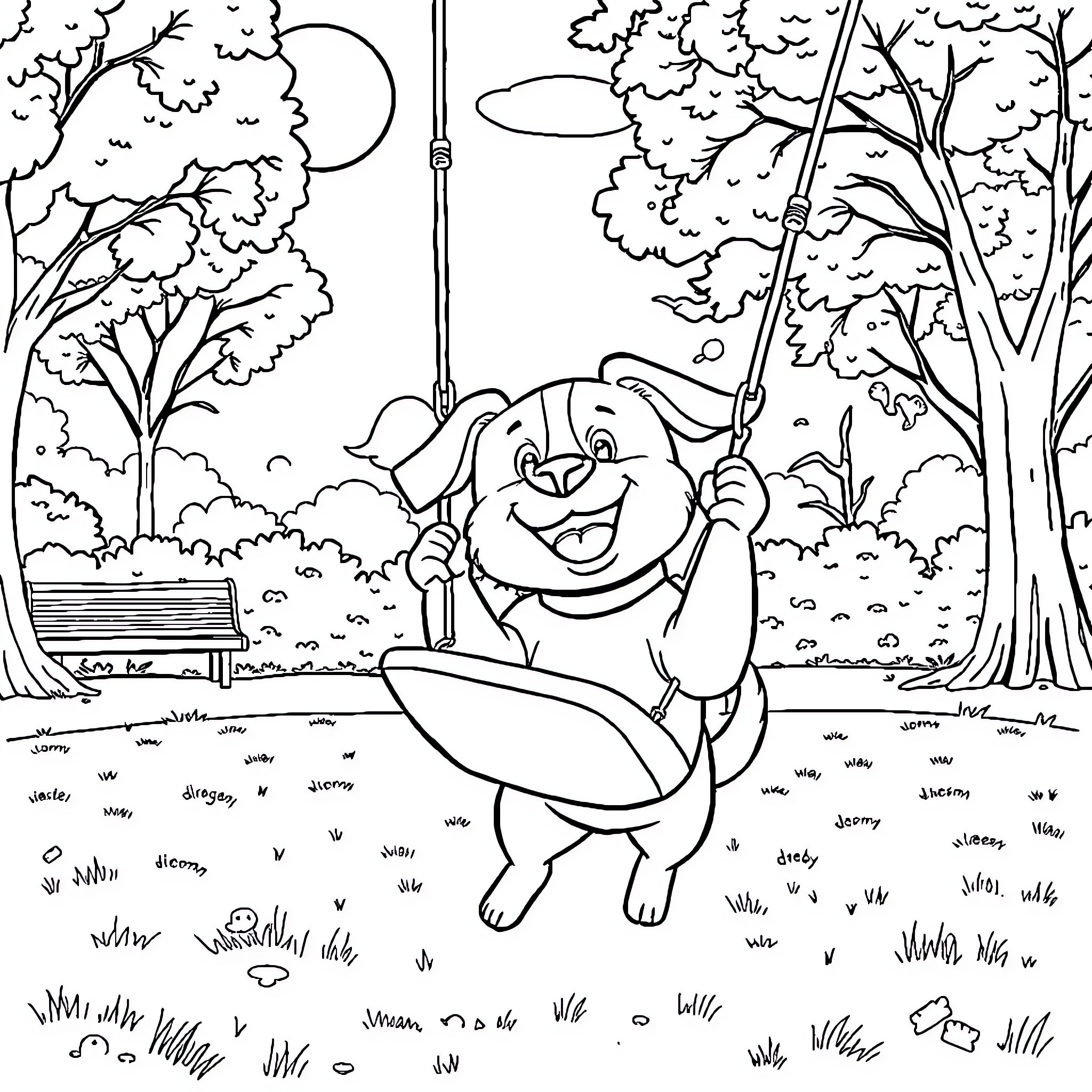 Dog joyfully swinging on a tire in the forest Coloring Page (free black-and-white line drawing printable PDF for all, from beginners to advanced learners, including children, teens, adults, and seniors)