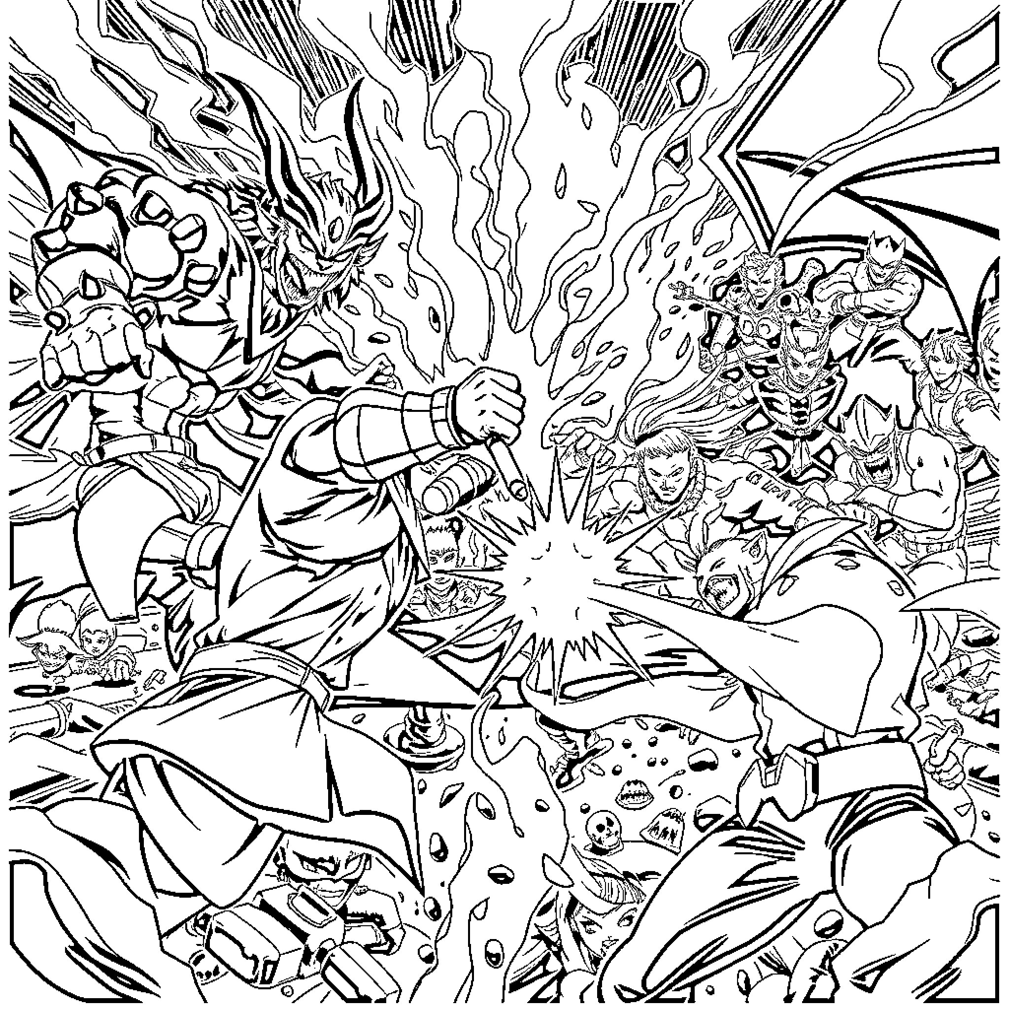 Demon Slayer: Intense Battle with Supernatural Foes Coloring Page (free black-and-white line drawing printable PDF for all, from beginners to advanced learners, including children, teens, adults, and seniors)