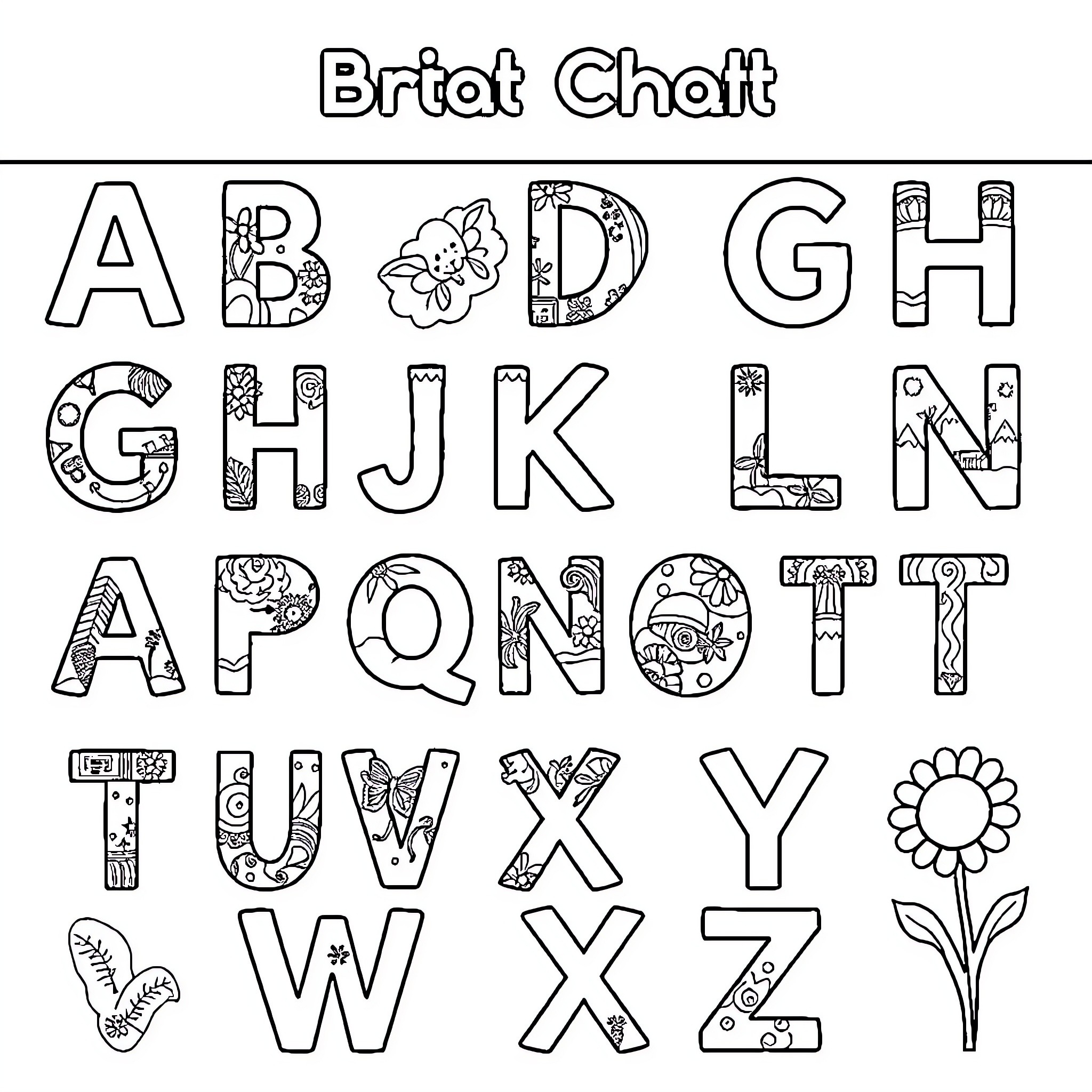 Alphabet with decorative letters and patterns Coloring Page (free black-and-white line drawing printable PDF for all, from beginners to advanced learners, including children, teens, adults, and seniors)