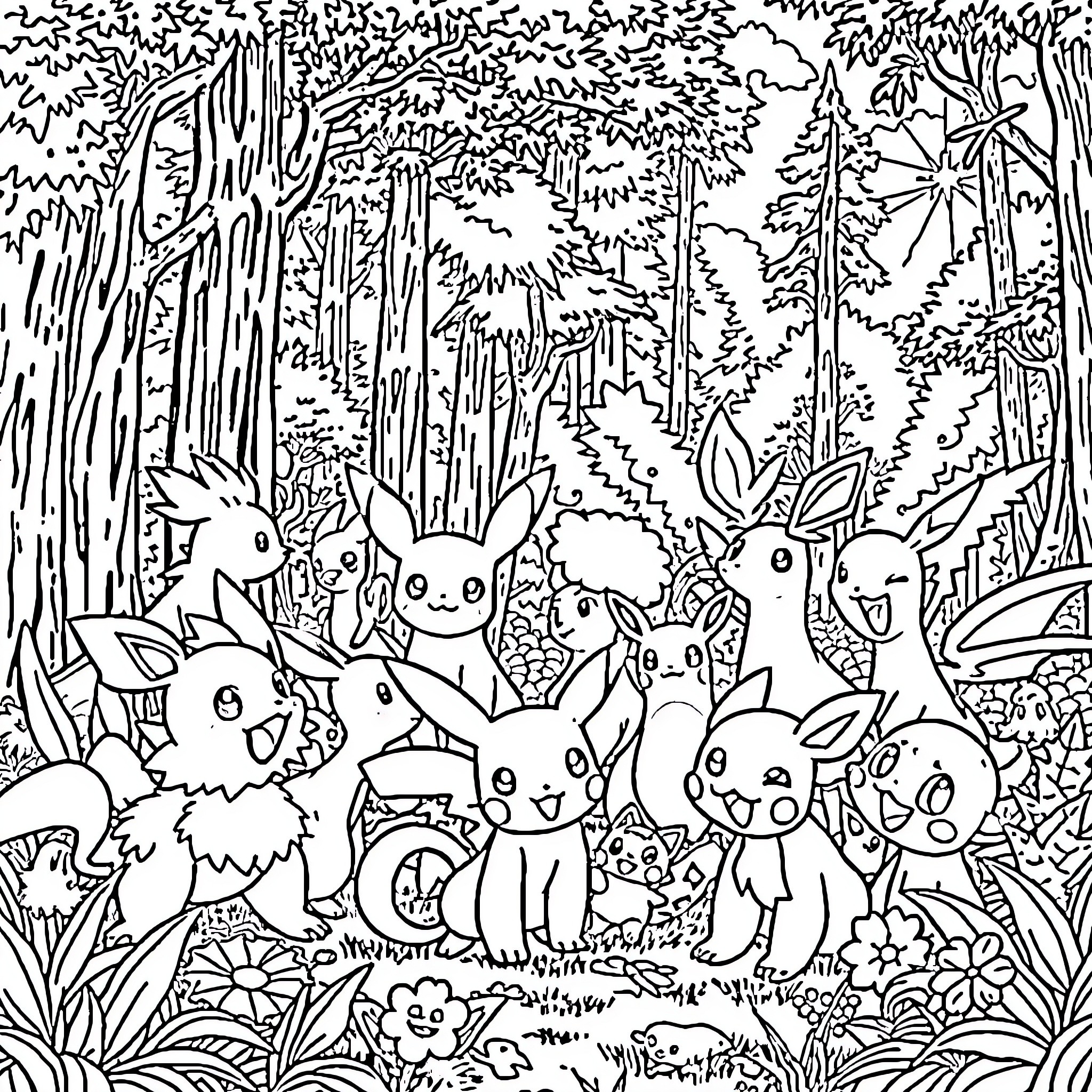 Pokémon characters exploring the enchanted forest Coloring Page (free black-and-white line drawing printable PDF for all, from beginners to advanced learners, including children, teens, adults, and seniors)
