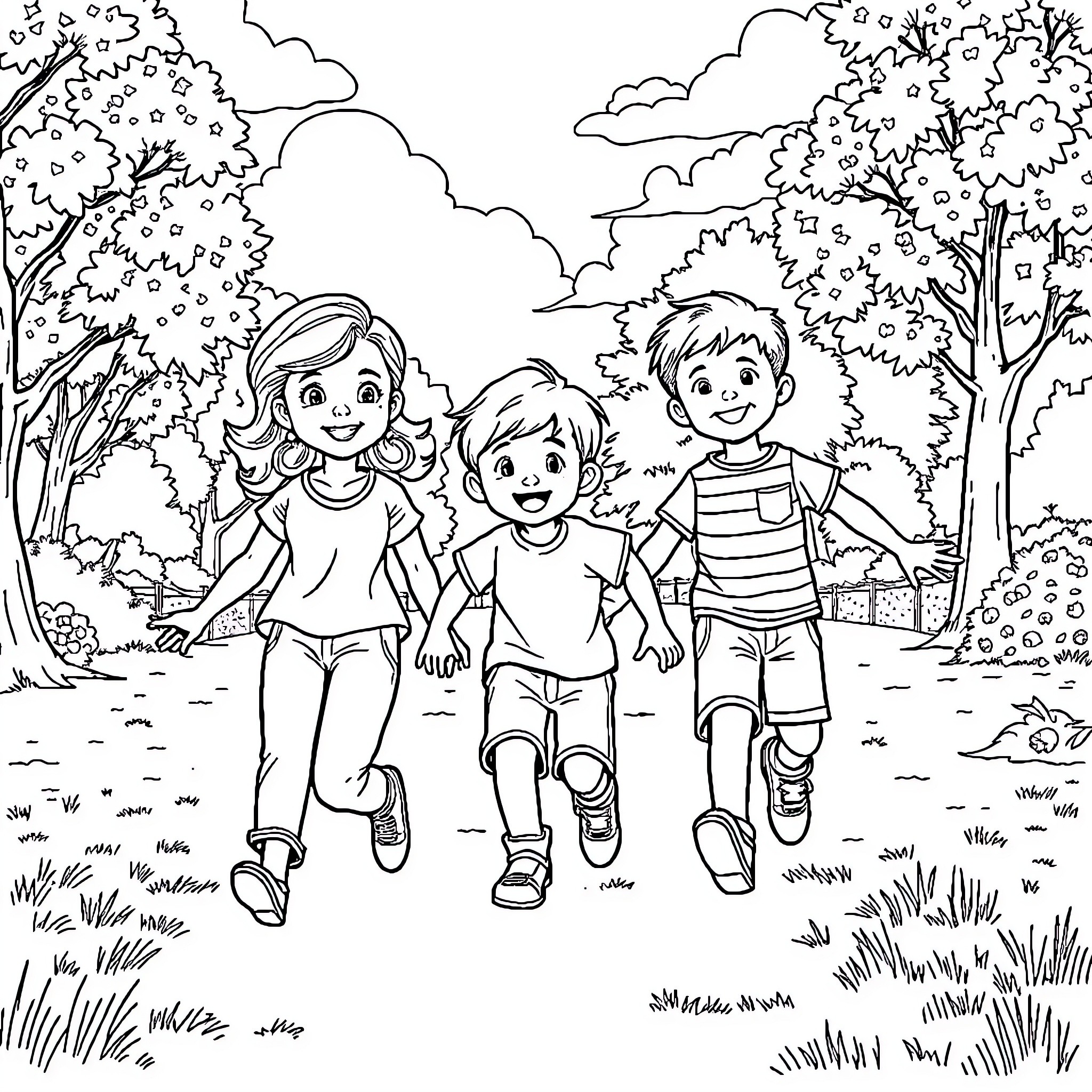 Child friends joyfully playing in nature Coloring Page (free black-and-white line drawing printable PDF for all, from beginners to advanced learners, including children, teens, adults, and seniors)