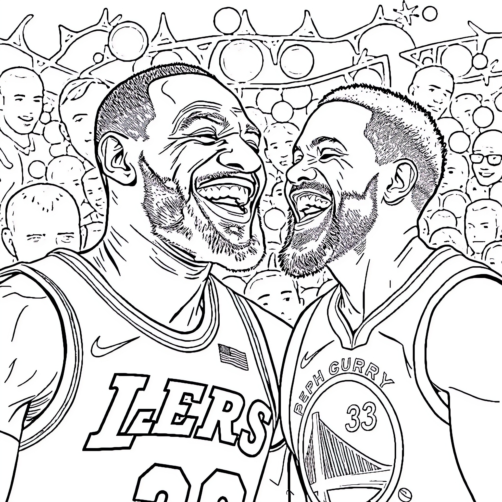 LeBron James and Stephen Curry Celebrating Together Coloring Page (free black-and-white line drawing printable PDF for all, from beginners to advanced learners, including children, teens, adults, and seniors)
