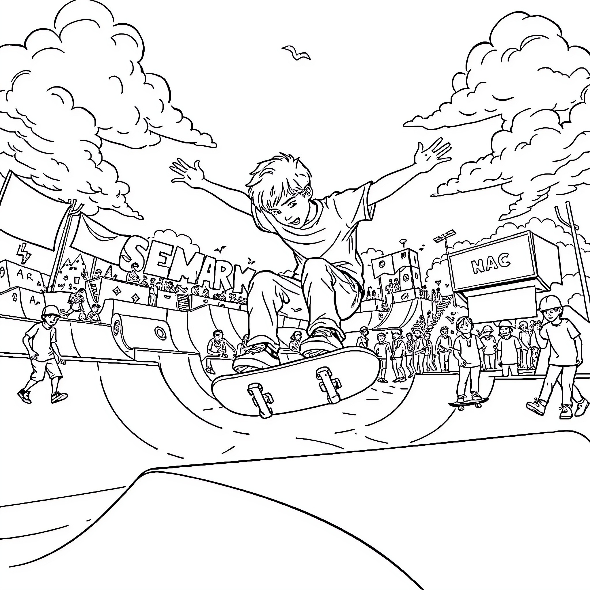 Boy skateboarding through a lively protest scene Coloring Page (free black-and-white line drawing printable PDF for all, from beginners to advanced learners, including children, teens, adults, and seniors)